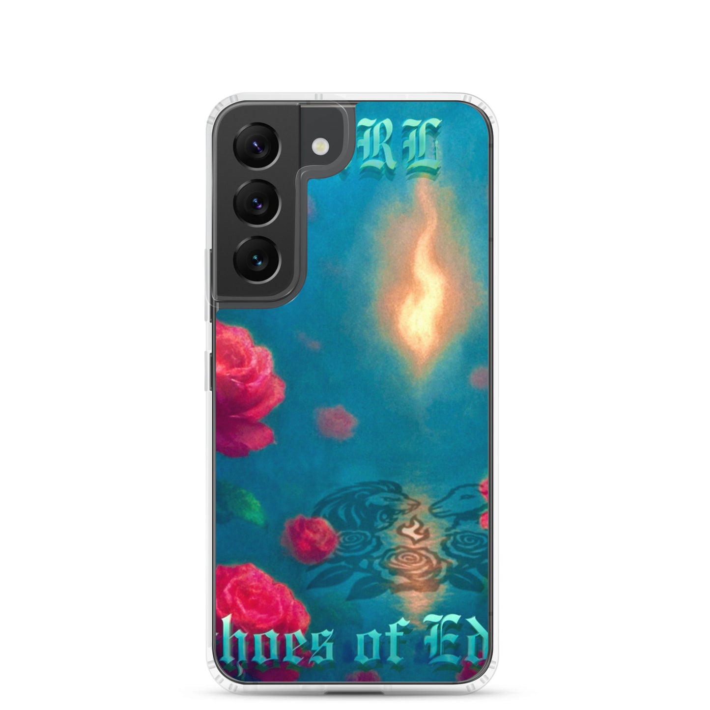 Phone case with artistic design, flowers, and text on a blue background