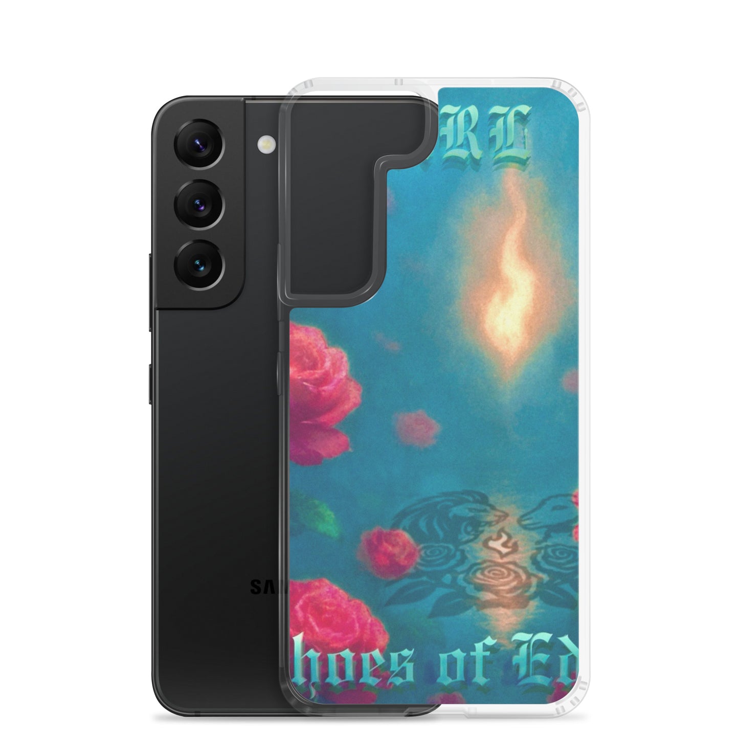 Phone case with floral design and text on a white background
