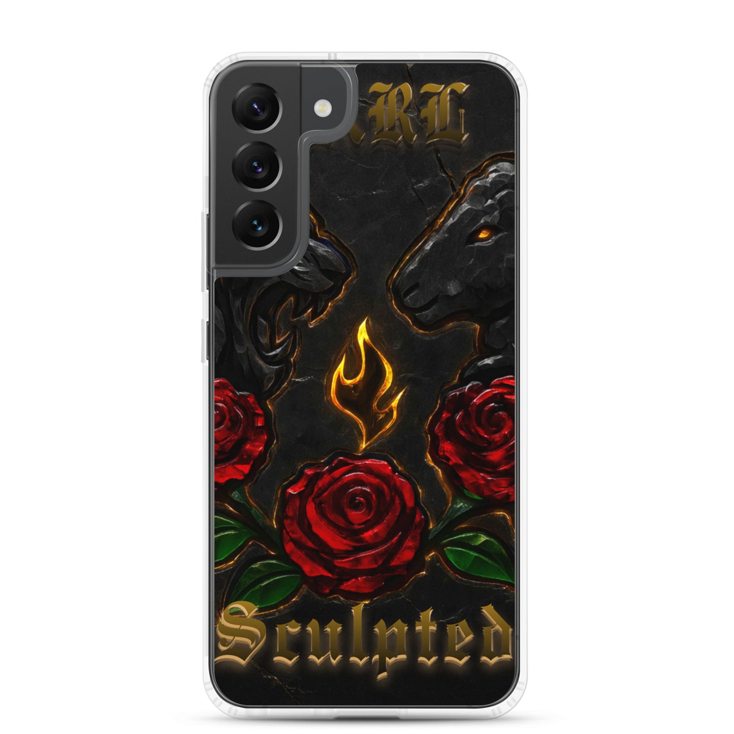 Phone case with black lion, red roses, and 'Sculpted' text on a white background