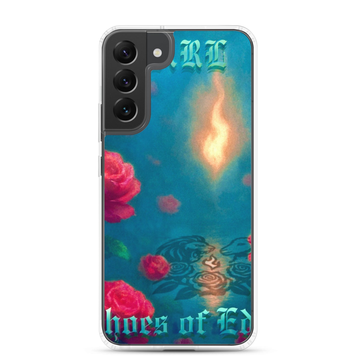Phone case with floral design and 'hives of Ed' text on a blue background