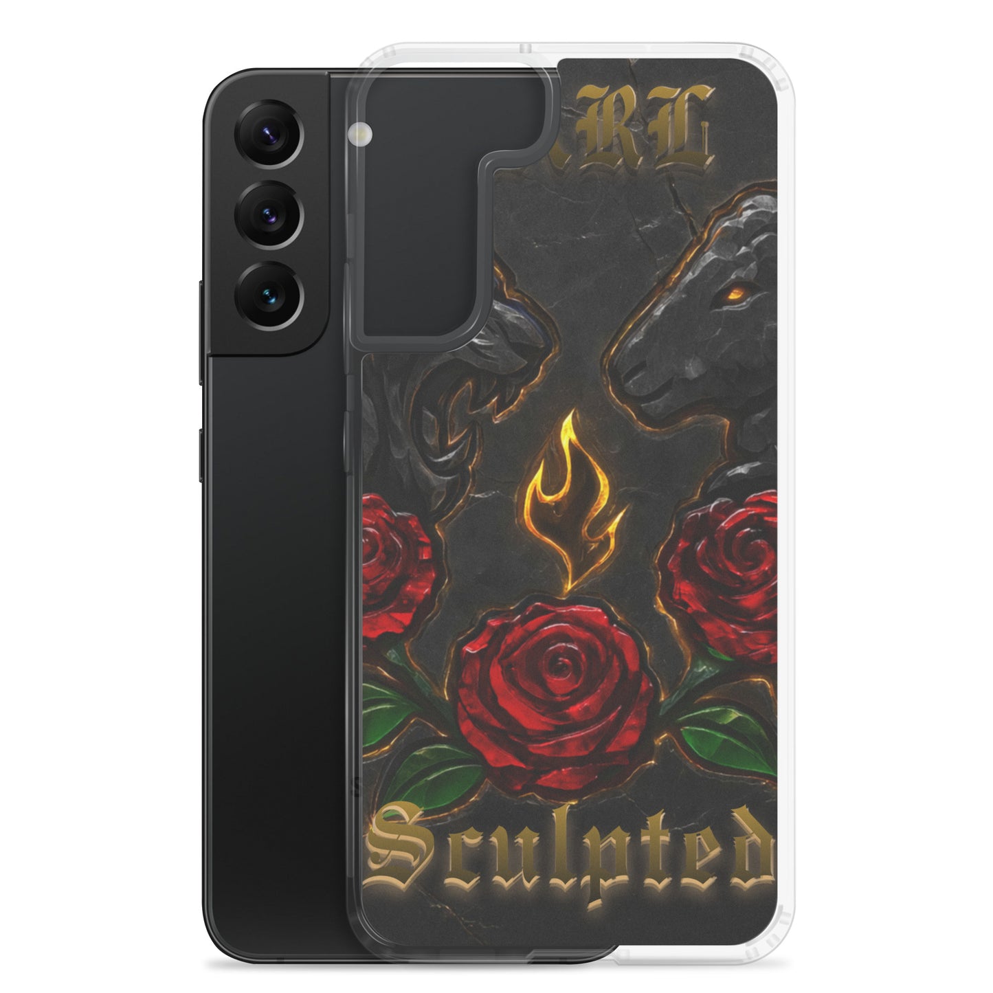 Phone case with roses, flames, and 'Sculpted' text on a black background