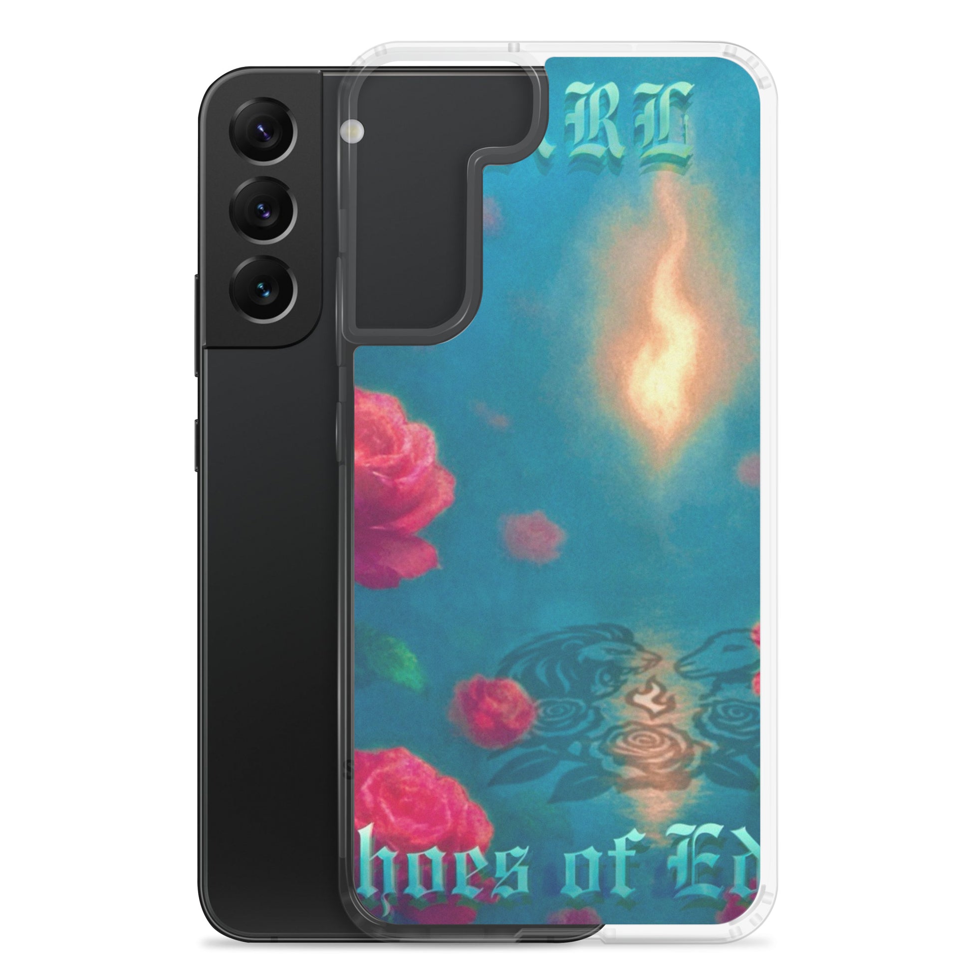 Phone case with floral design and text on a white background