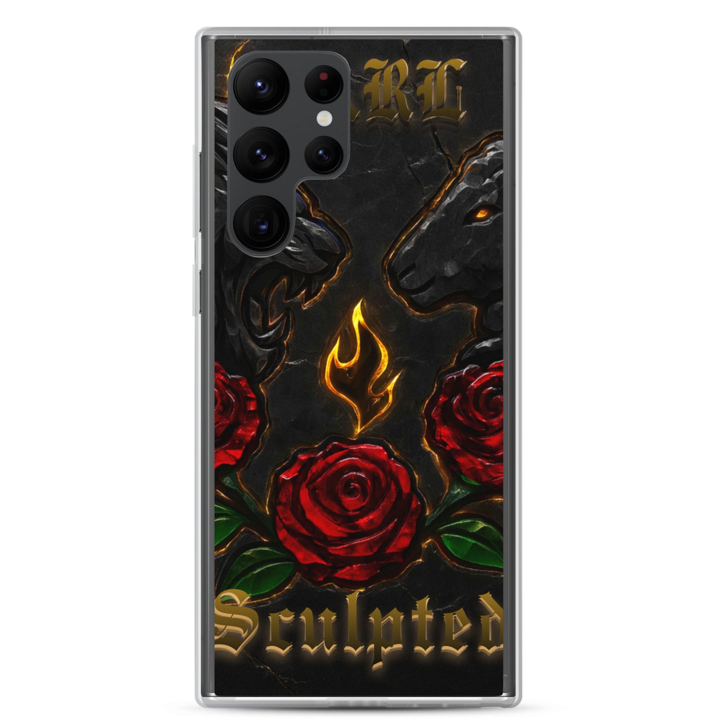 Phone case with roses, flames, and 'Sculpted' text on a black background