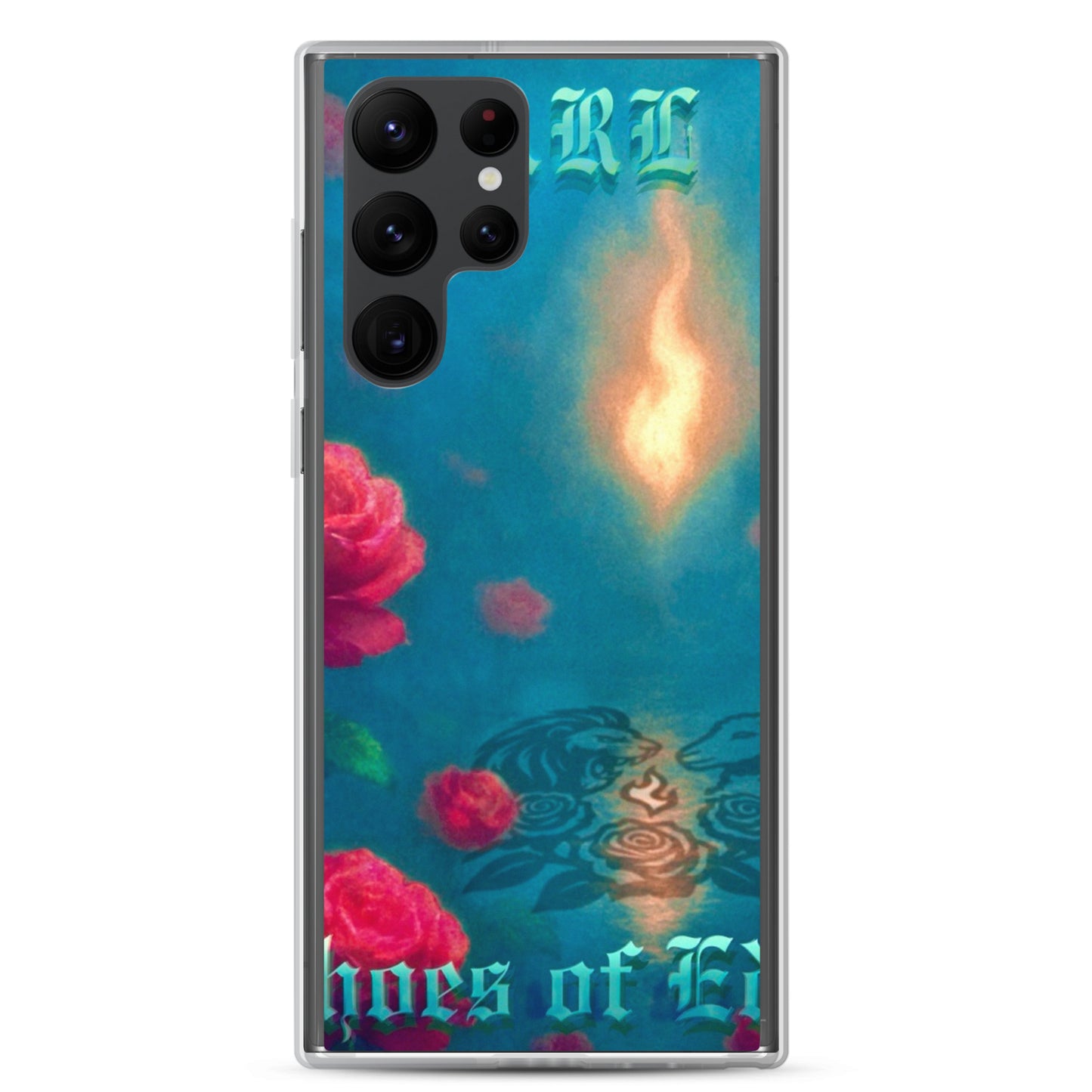 Phone case with floral design and text on a blue background