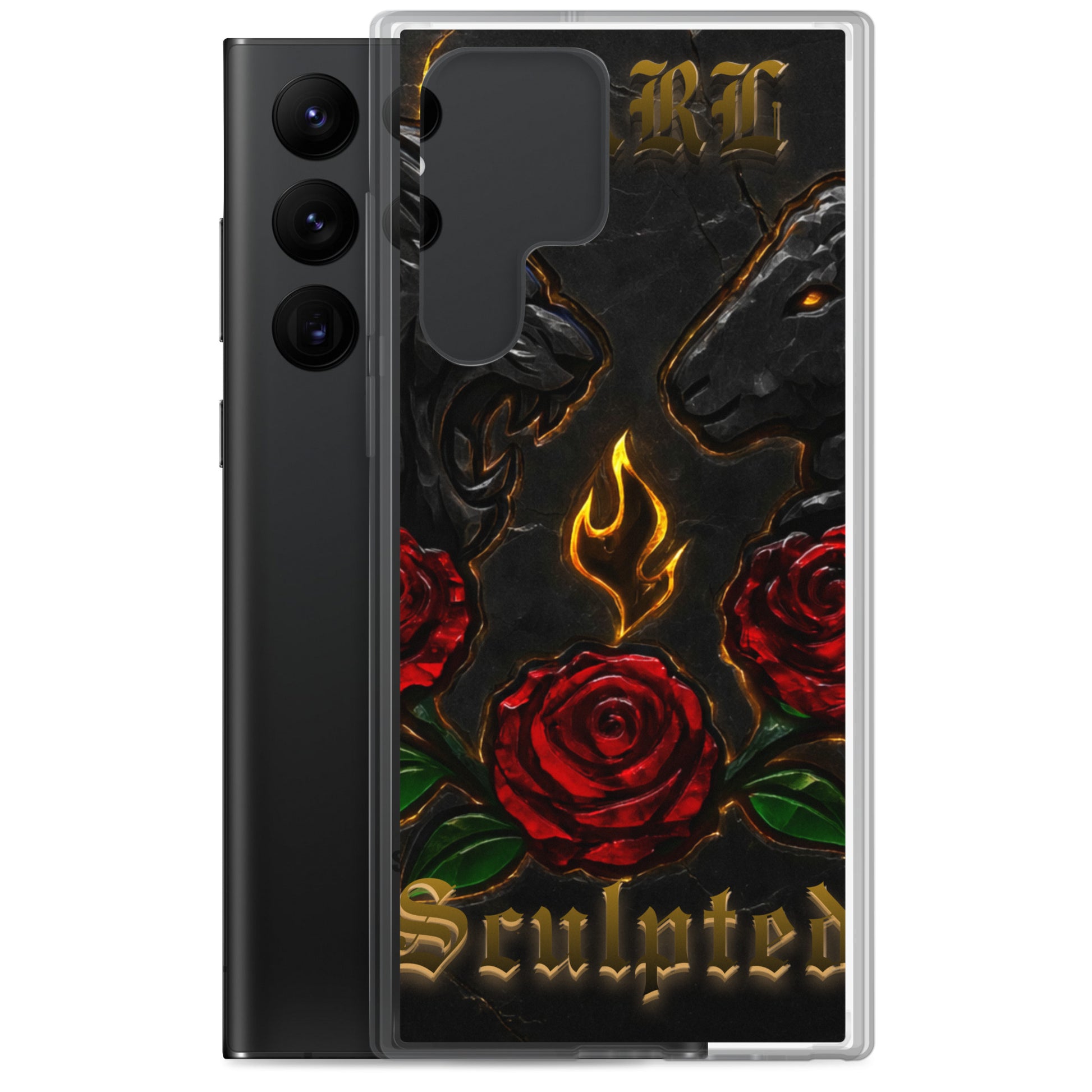 Phone case with roses and flames design on a black background