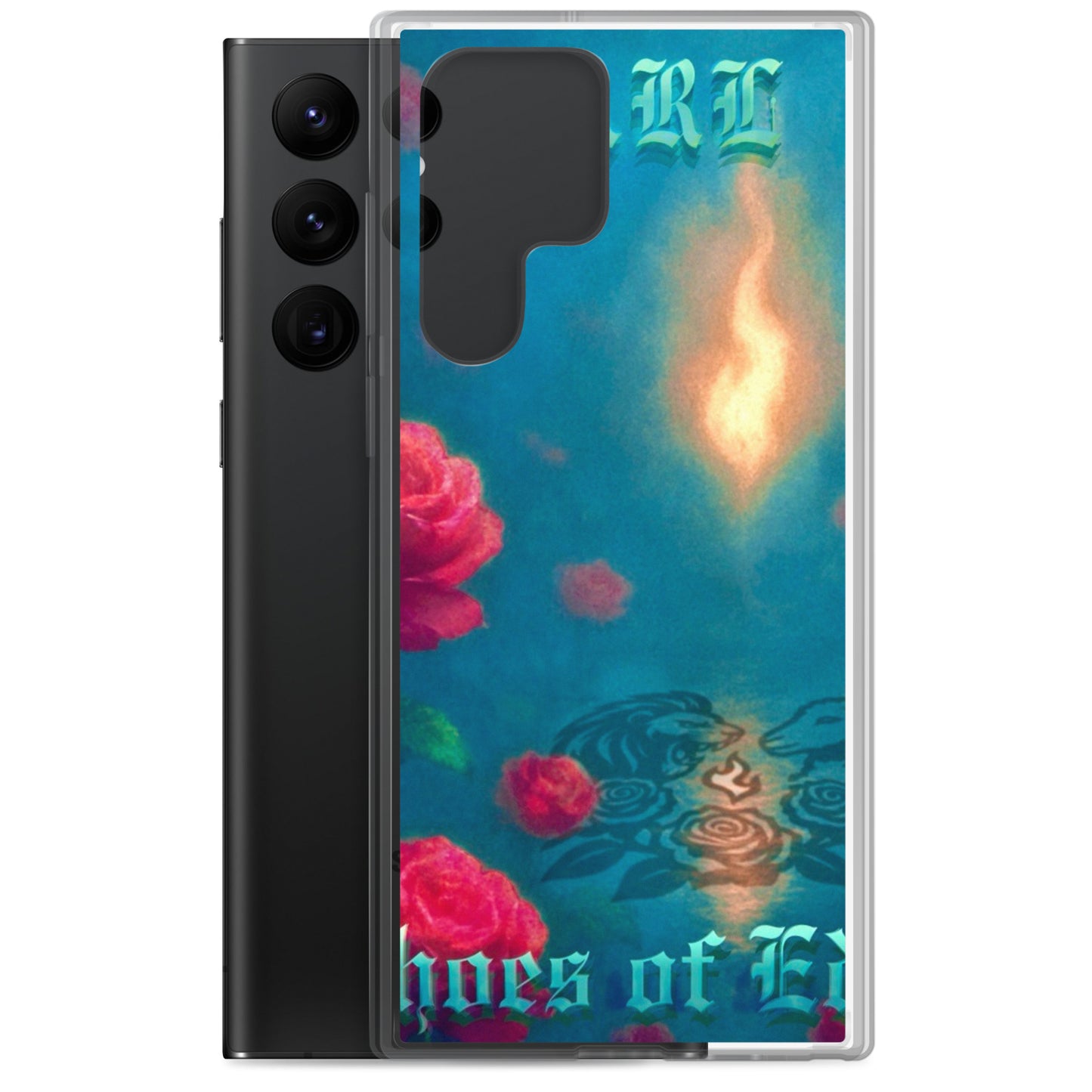 Phone case with floral design and text on a white background