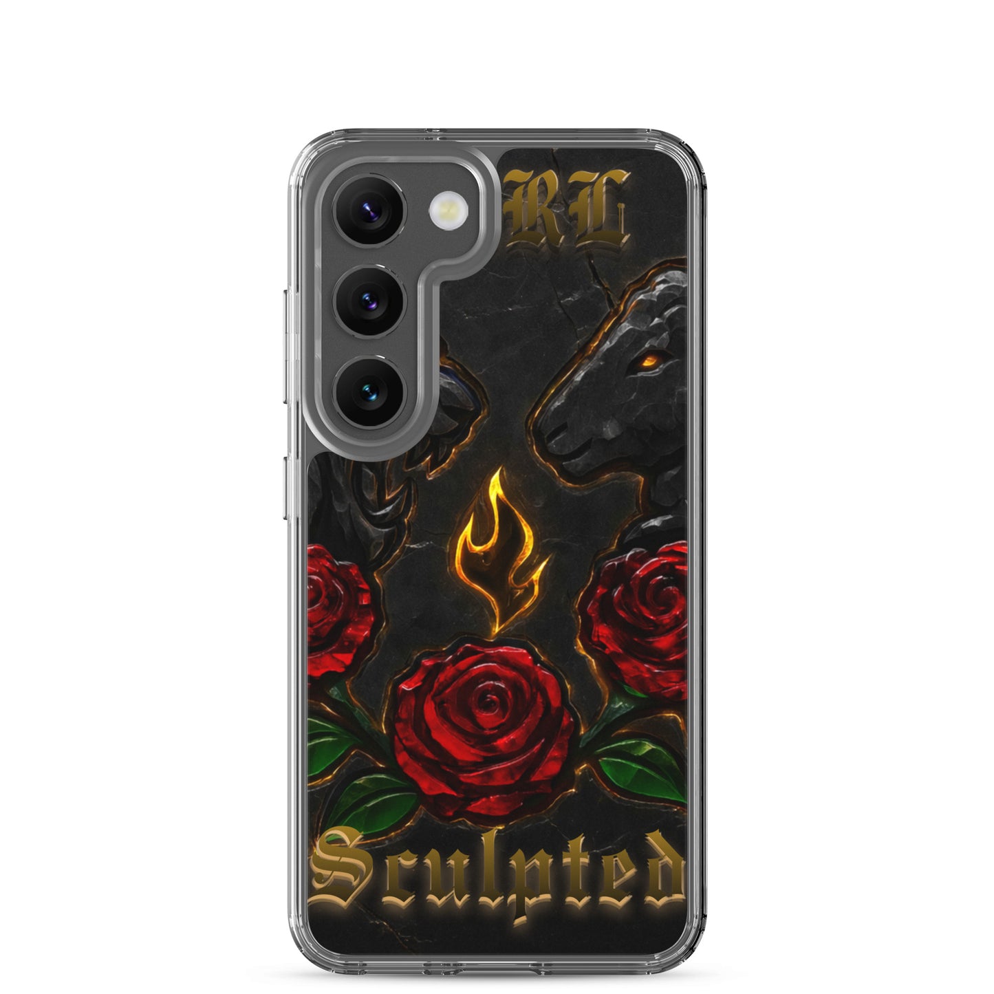 Phone case with roses, flames, and a goat design on a black background