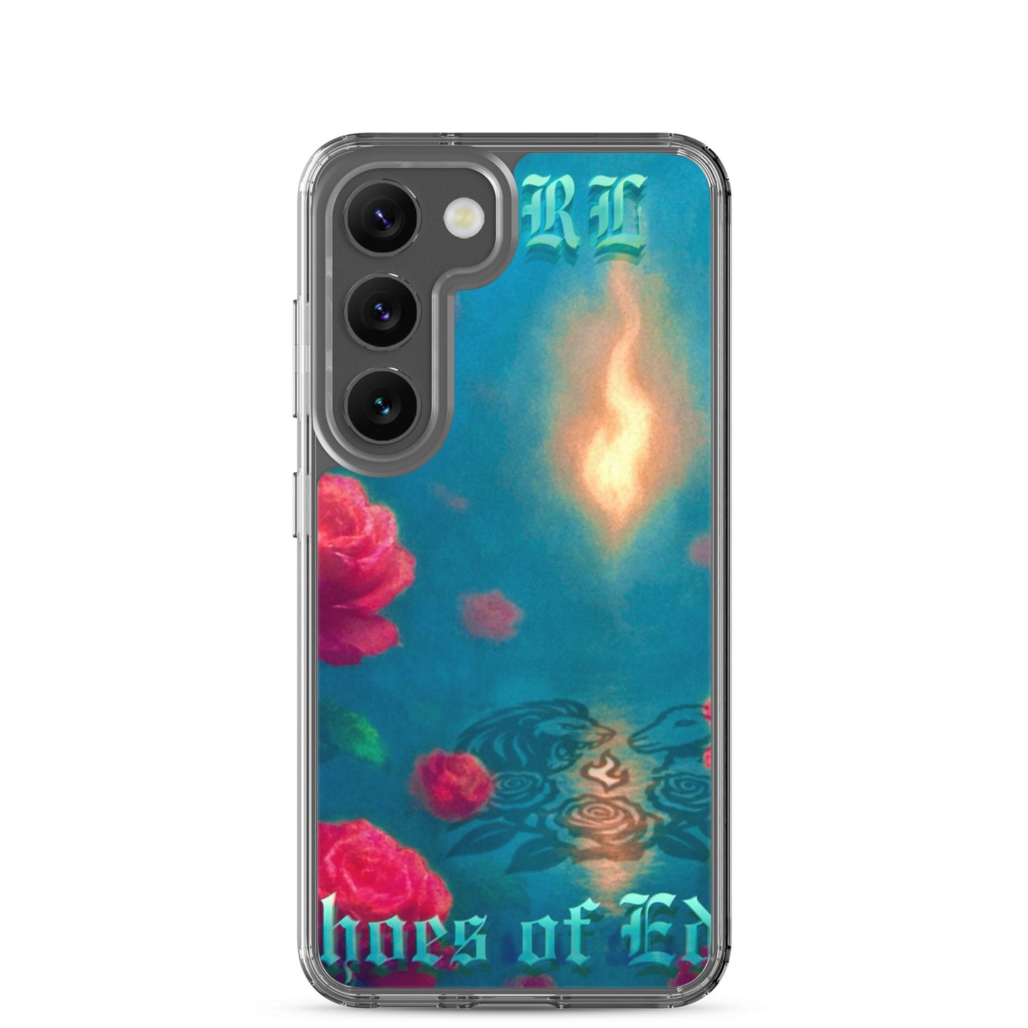 Phone case with floral design and 'CARL' initials on a blue background