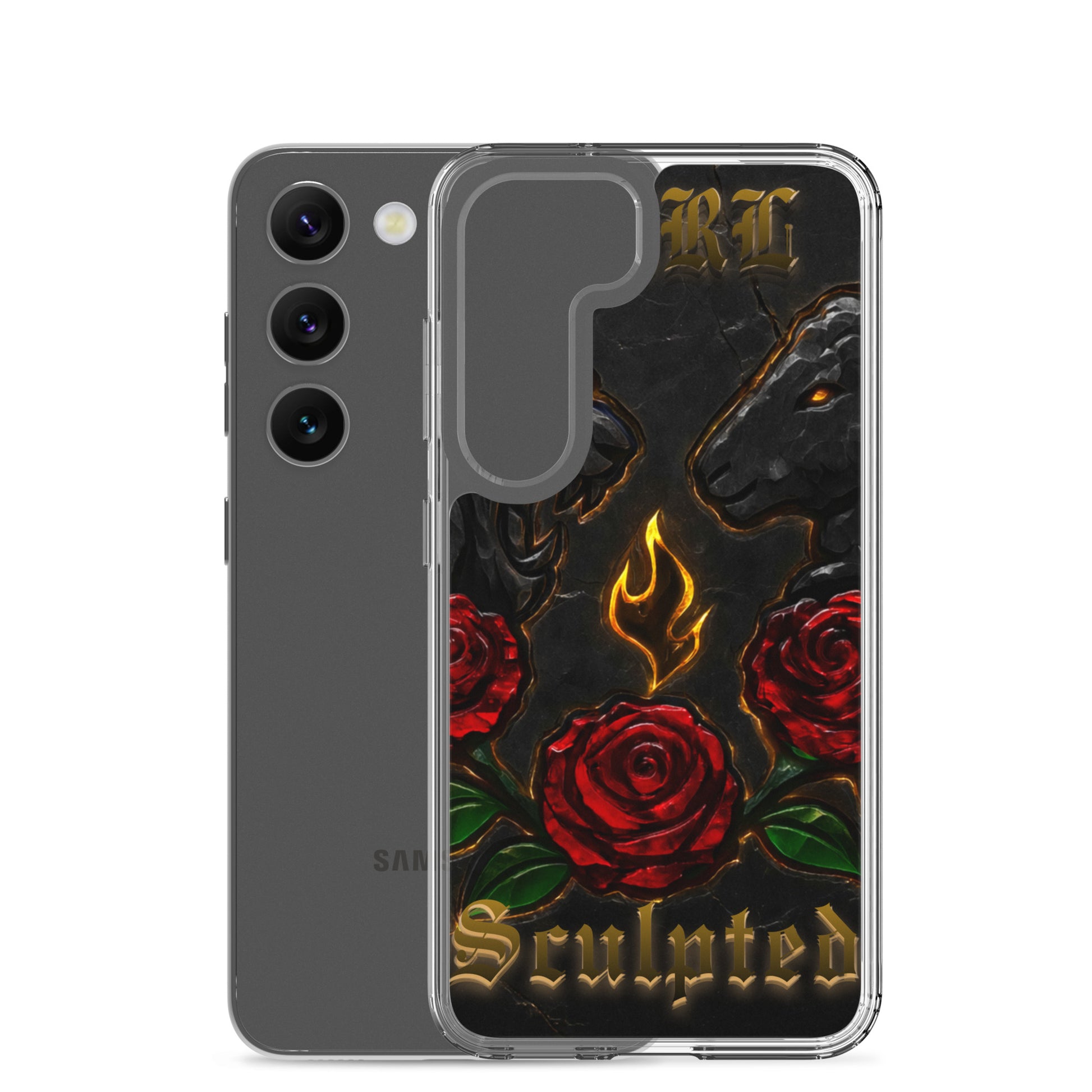 Phone case with roses and flame design on a black background