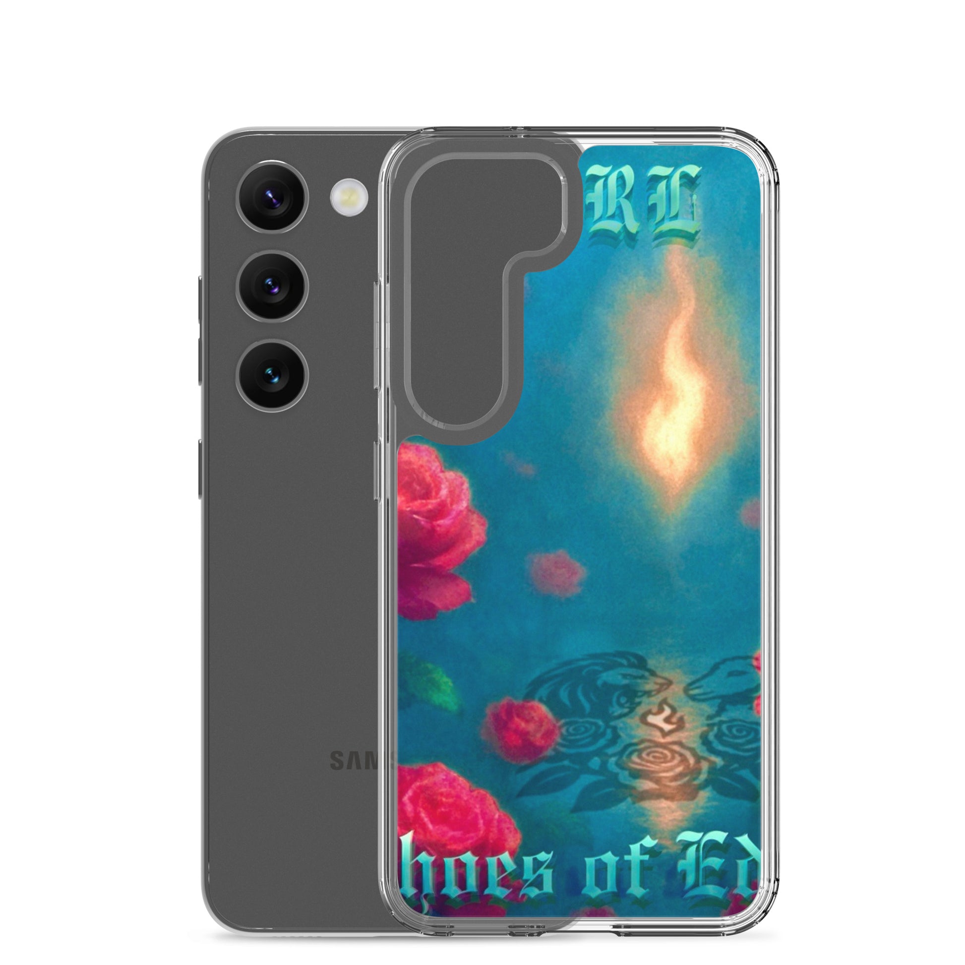 Phone case with floral design and 'Echoes of Eden' text on a white background