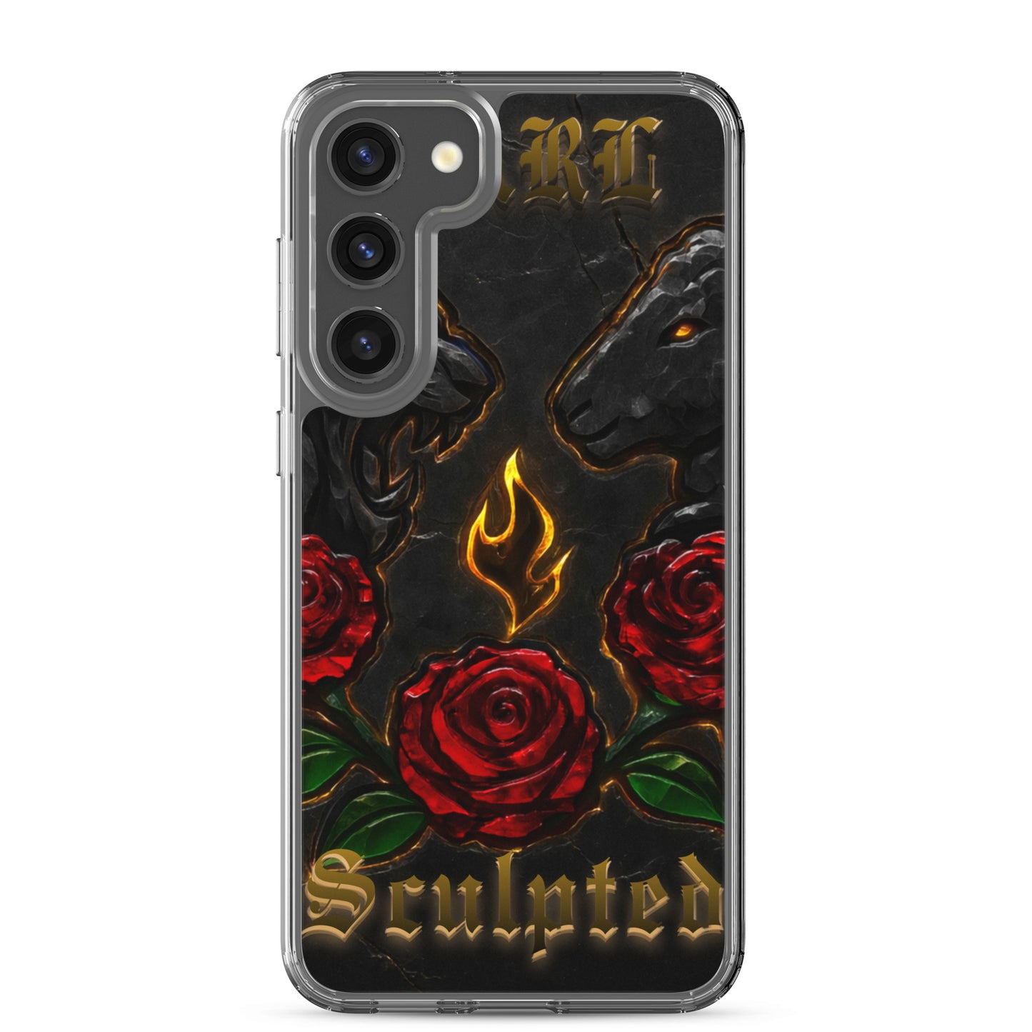Phone case with roses, flames, and 'Sculpted' text on a black background