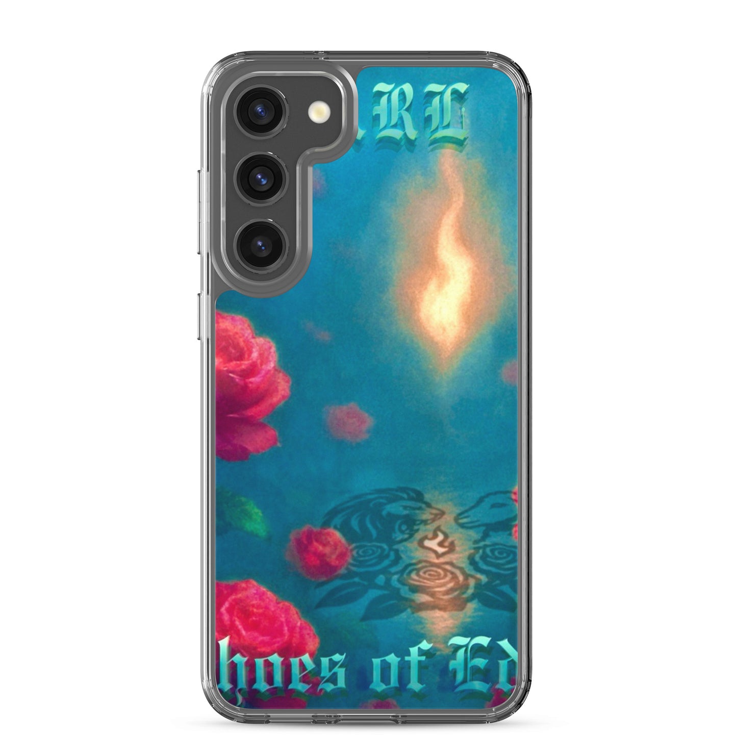 Phone case with floral design and text on a blue background