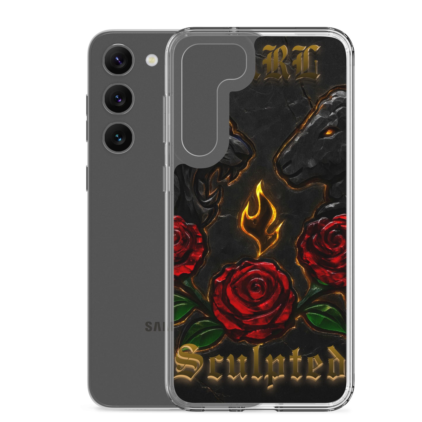 Phone case with roses and flame design on a black background