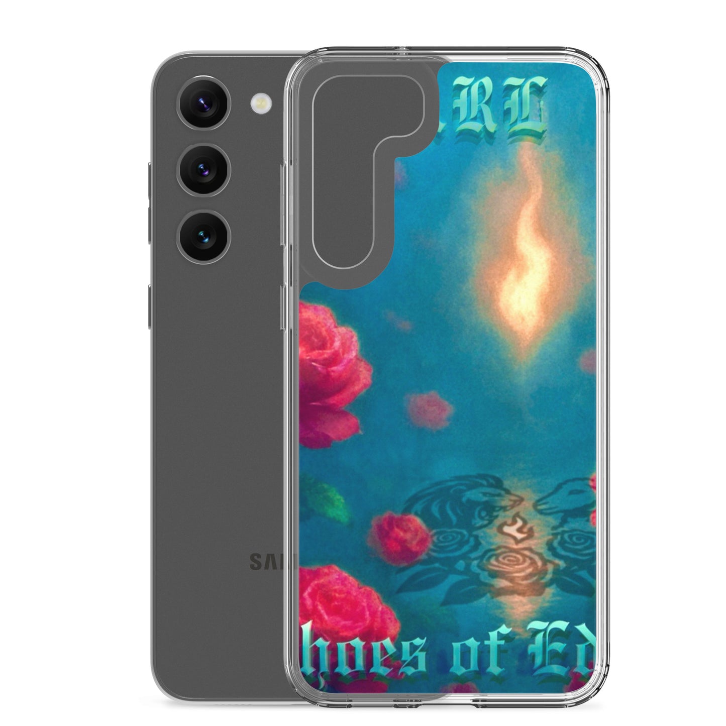 Phone case with floral design and text on a white background