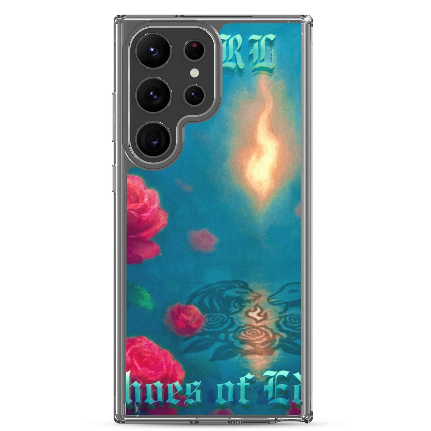 Phone case with floral design and 'Echoes of Eden' text on a blue background