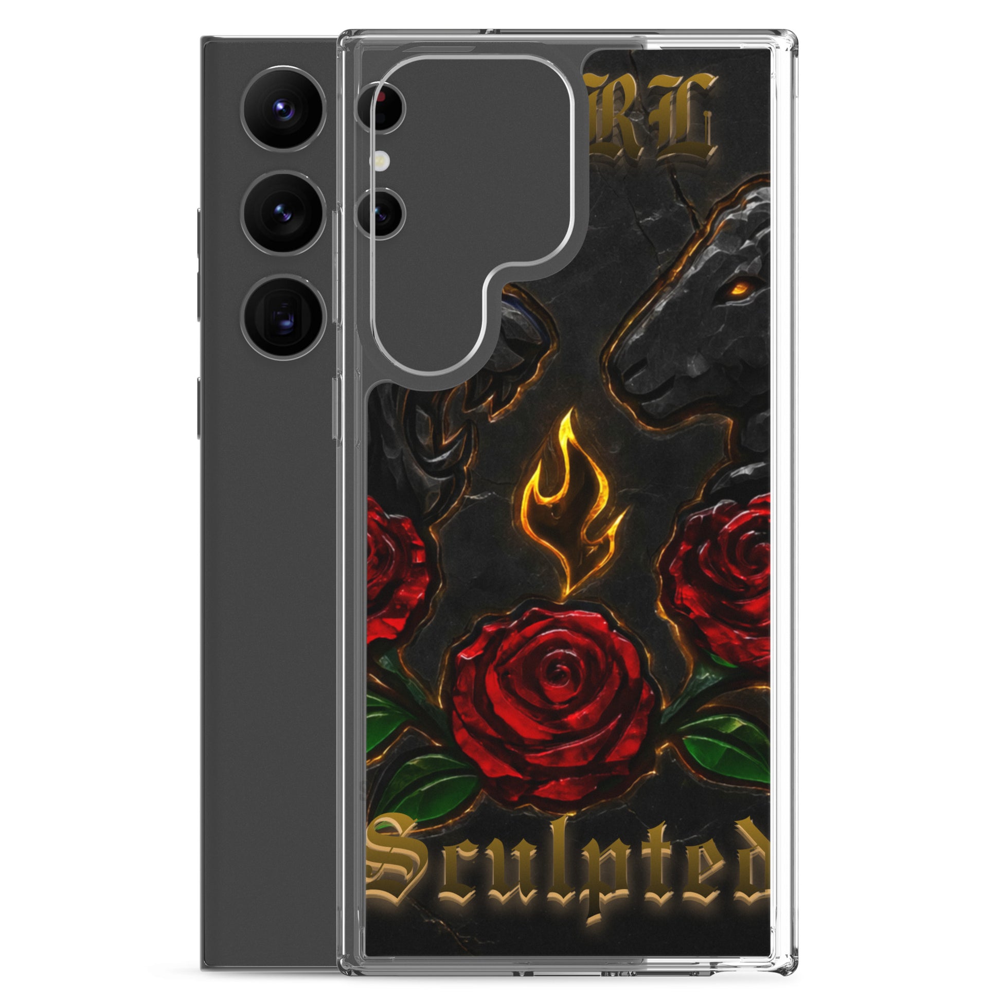 Phone case with red roses, flames, and 'Sculpted' text on a black background