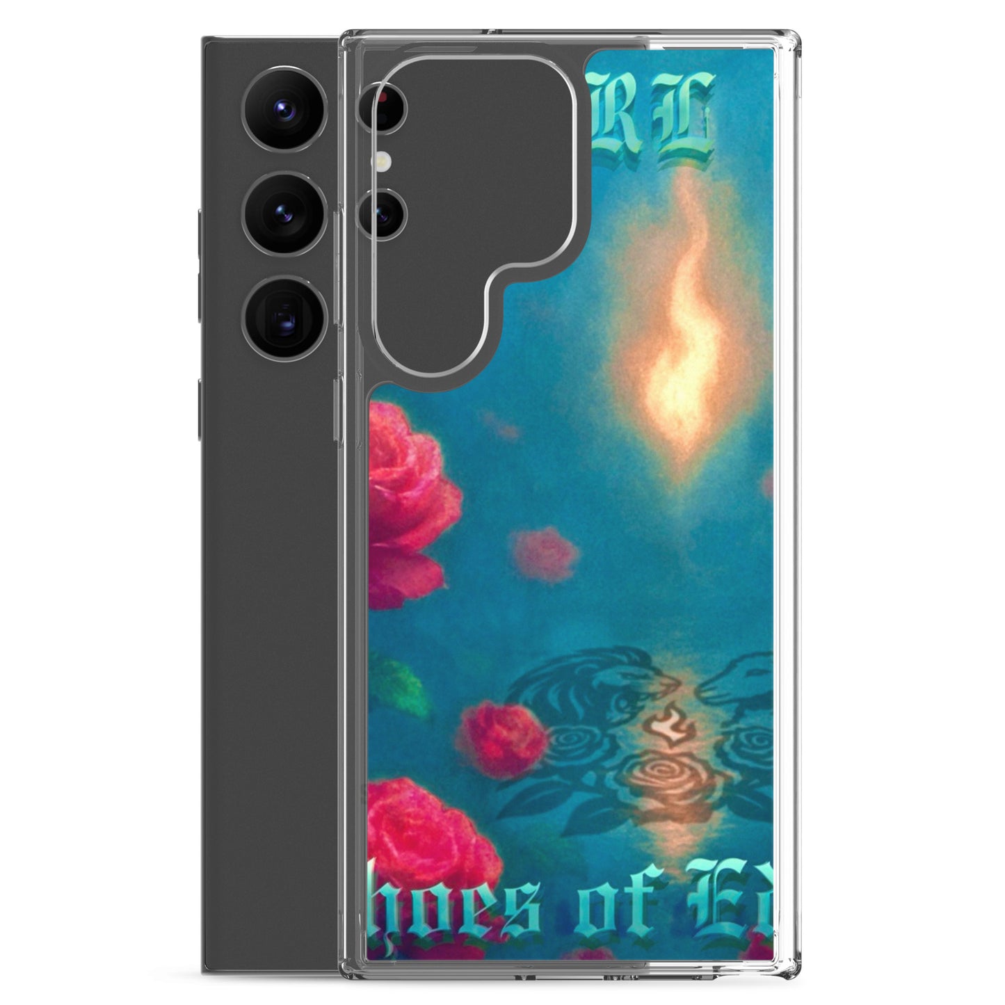 Phone case with floral design and text on a white background