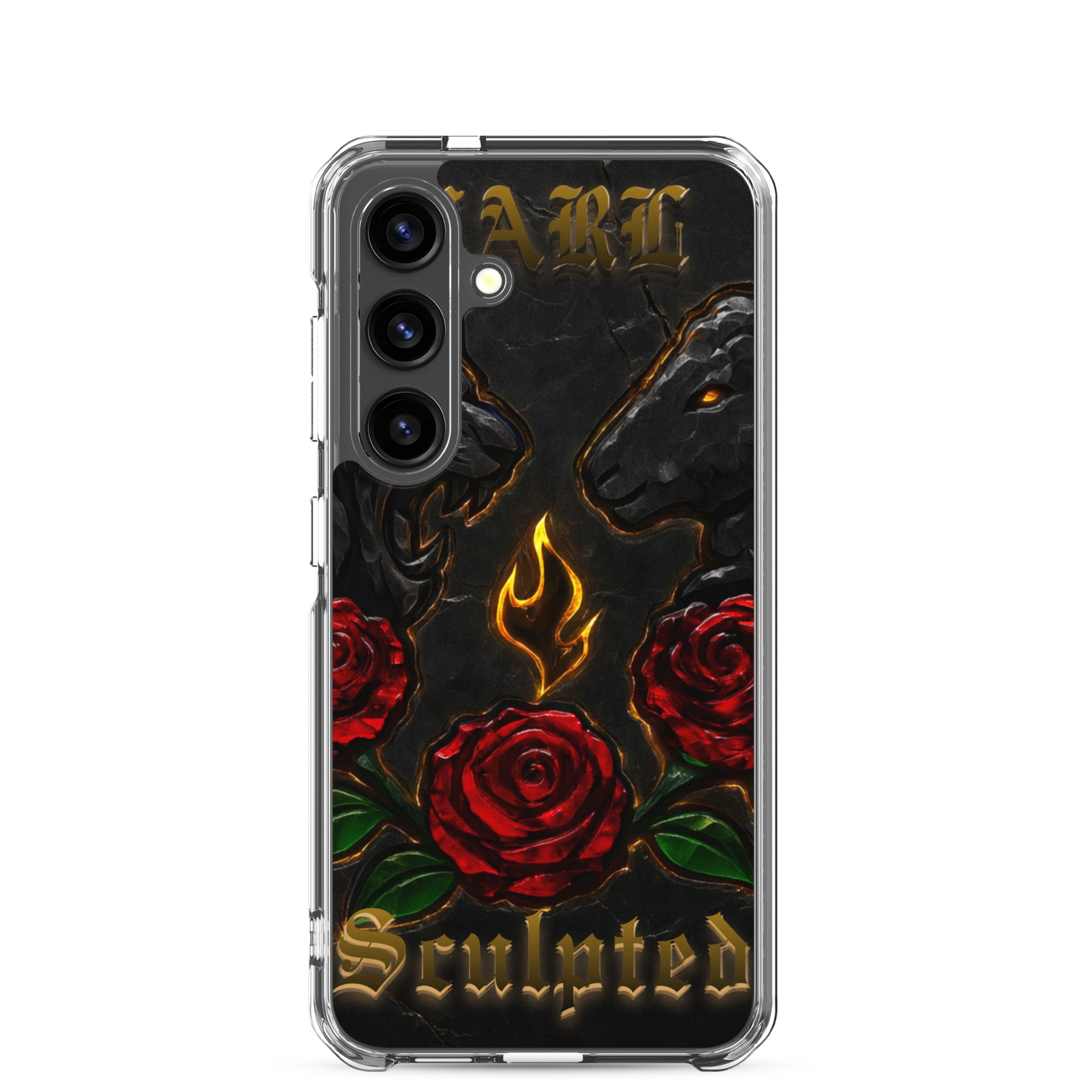 Phone case with roses, flames, and a lion/lamb design on a black background
