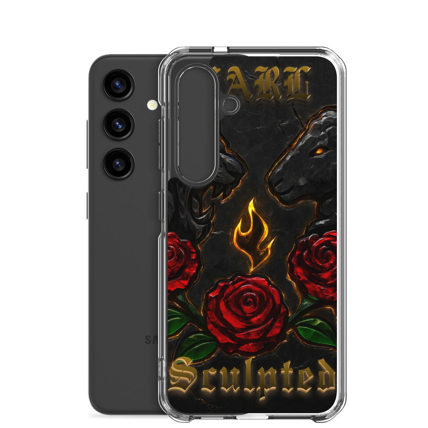Phone case with roses and flames design on a black background