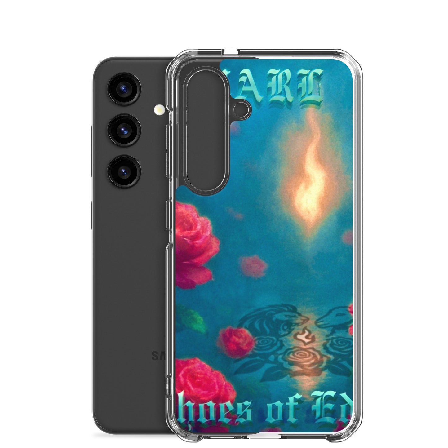 Phone case with floral design and text on a white background