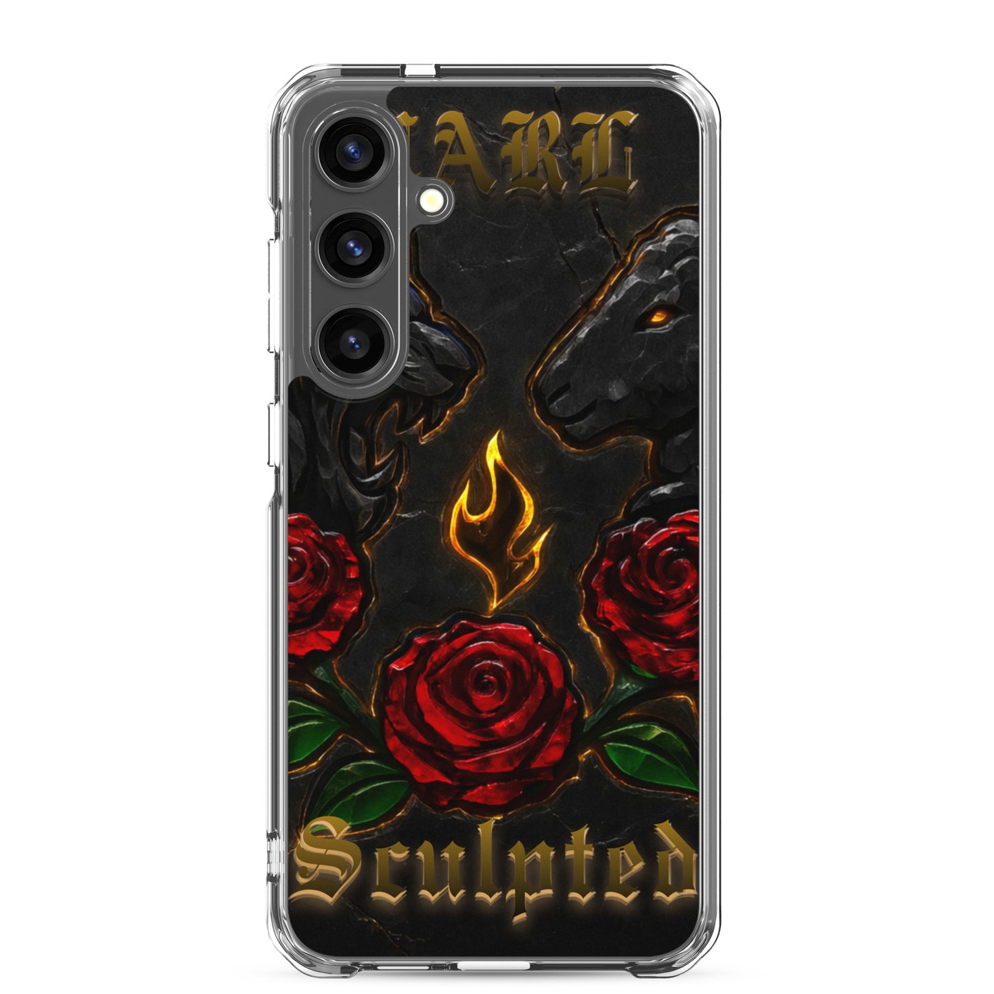 Phone case with roses, flames, and 'Sculpted' text on a black background