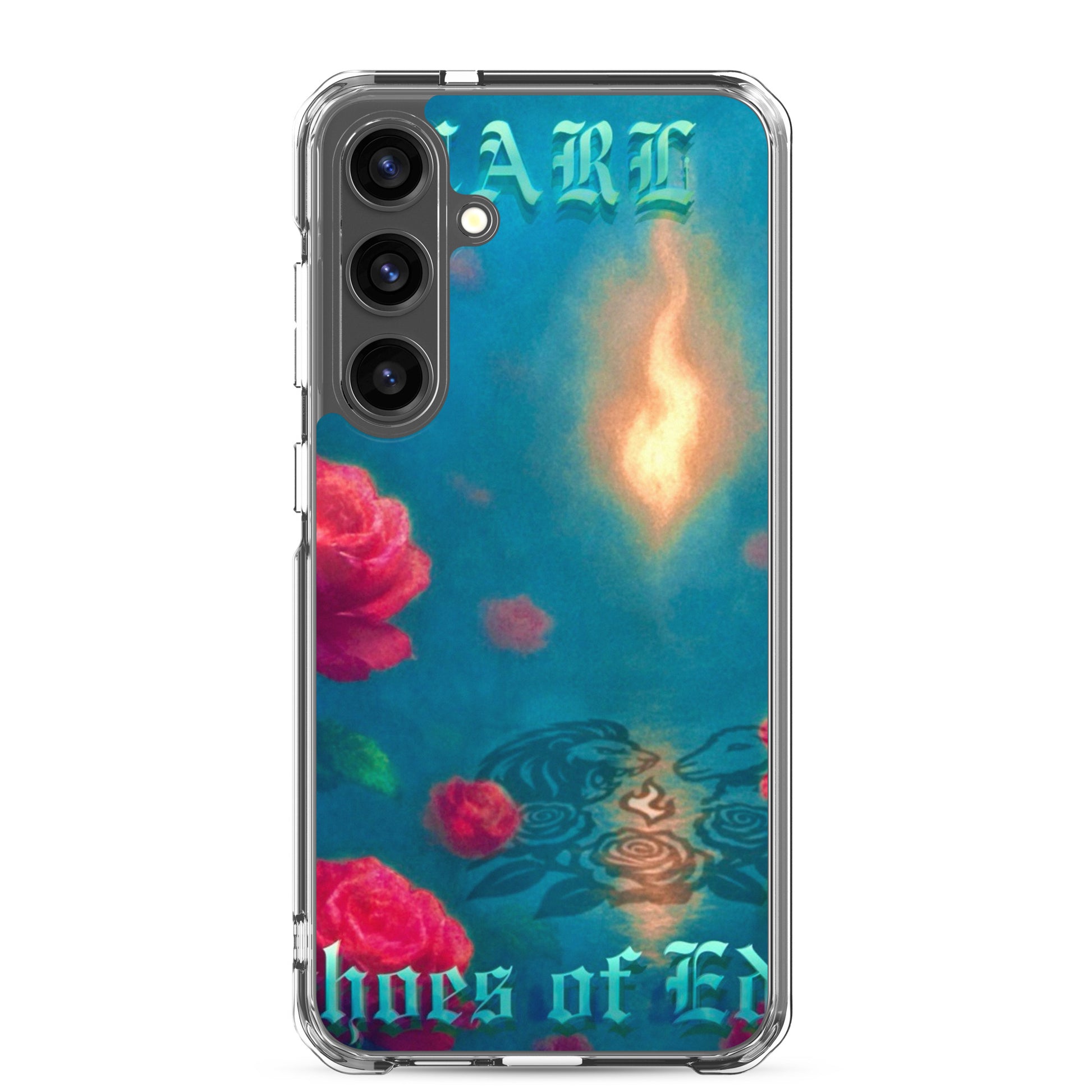 Phone case with floral design and text on a blue background