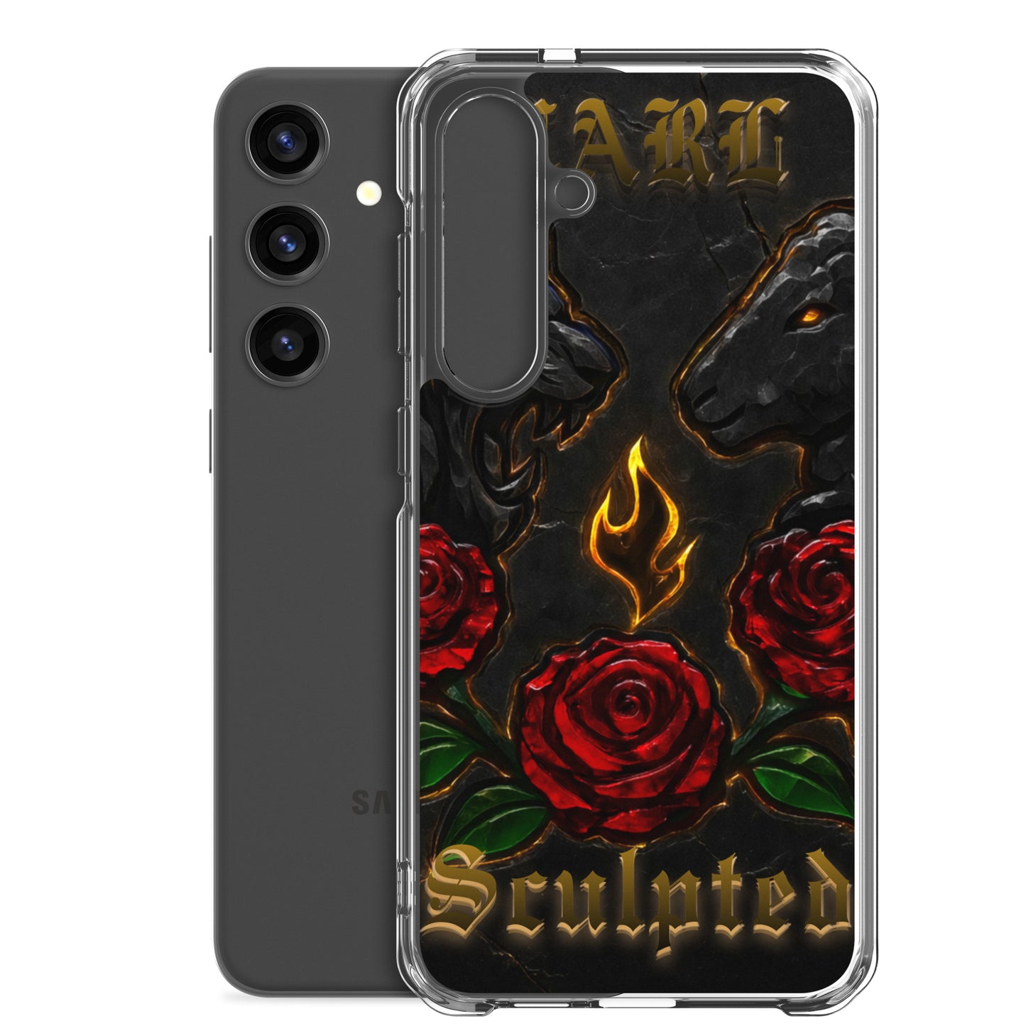 Phone case with lion and roses design on a white background
