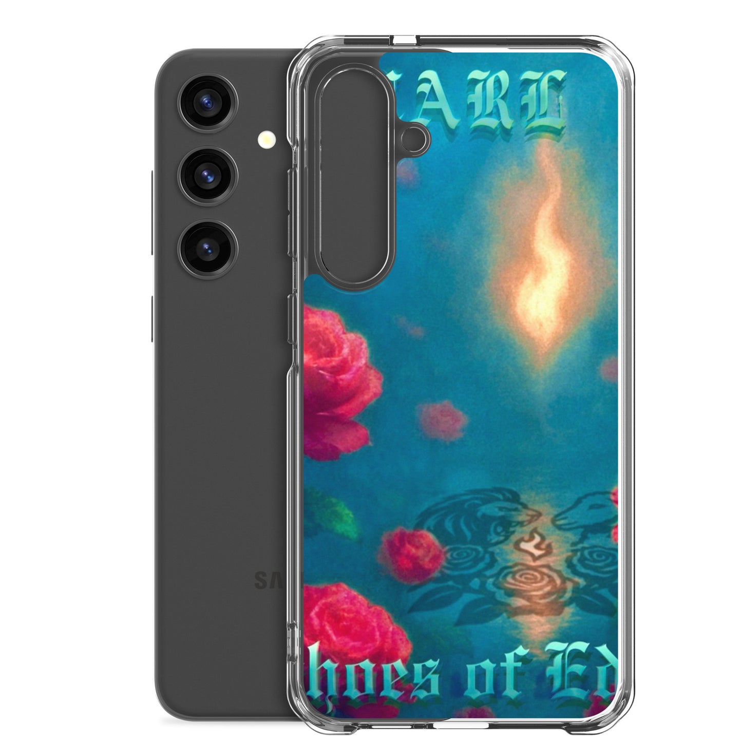 Phone case with floral design and text on a white background