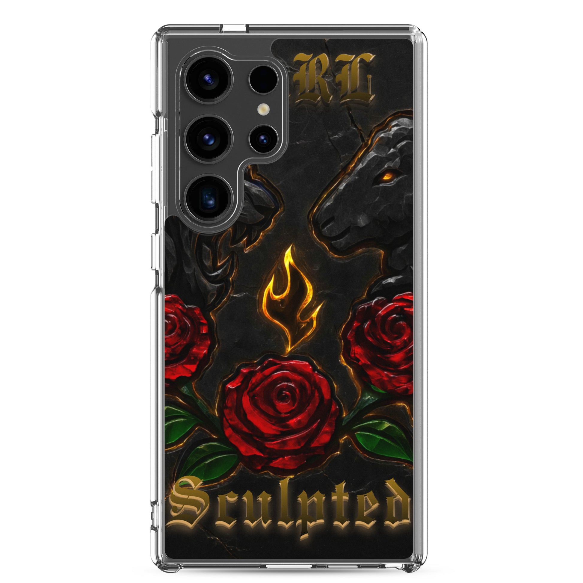 Phone case with roses, flames, and 'Sculpted' text on a black background