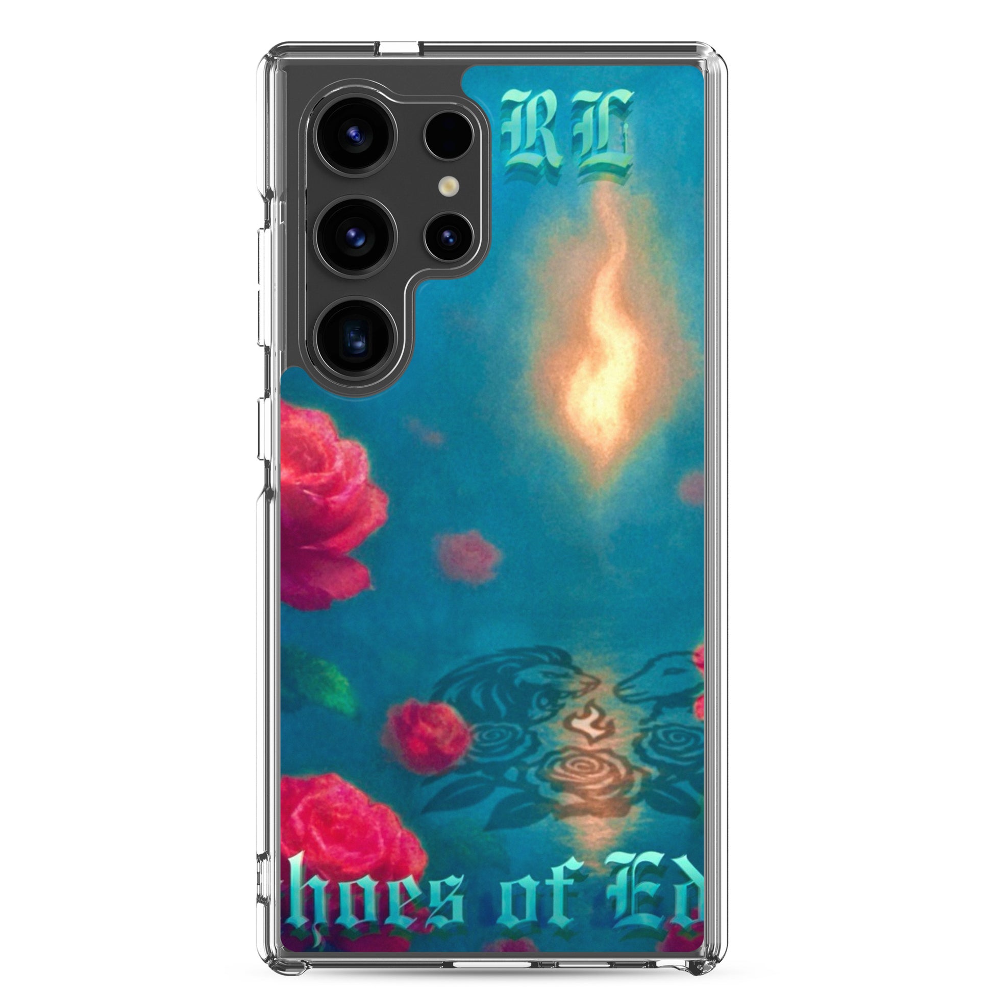 Phone case with floral design and 'Echoes of Eden' text on a blue background