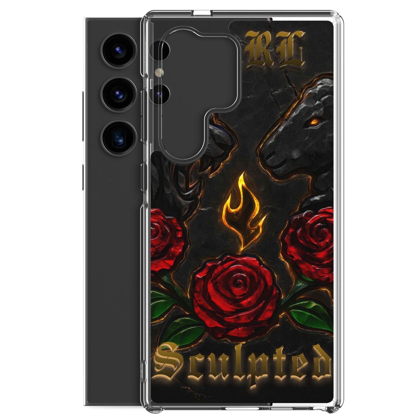 Phone case with roses, flames, and 'sculpted' text on a black background
