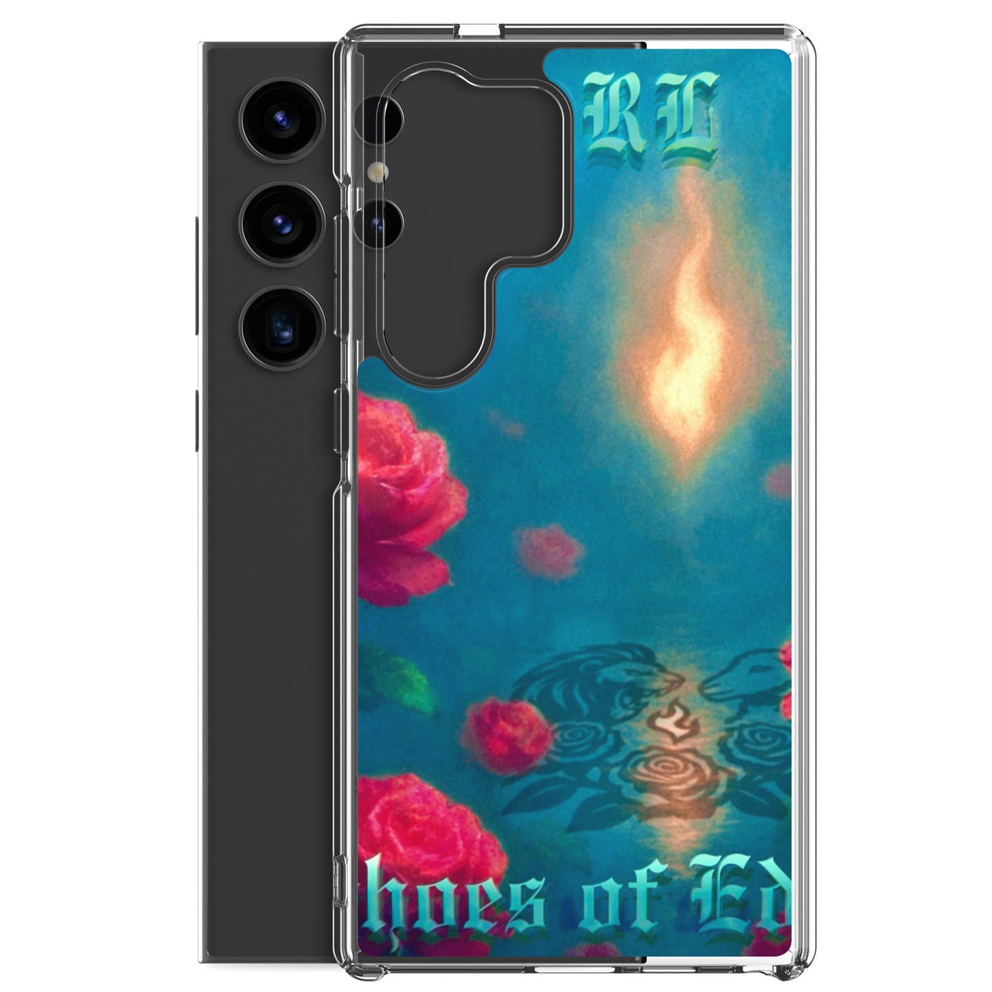 Phone case with floral design and text on a white background