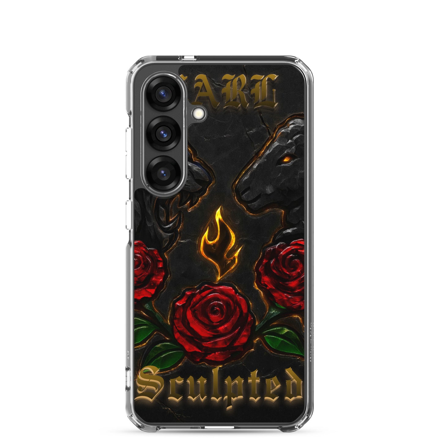 Phone case with lion and rose design on a black background