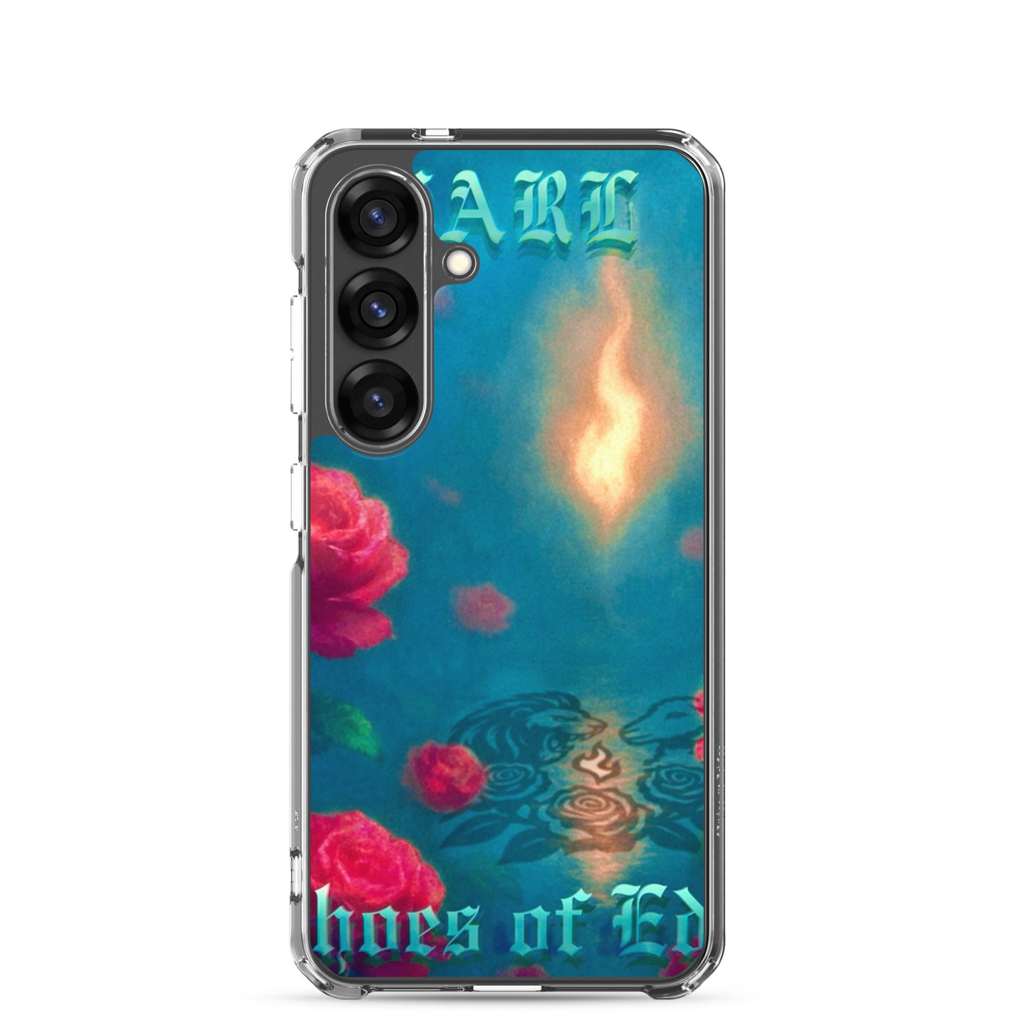 Phone case with floral design and text on a white background