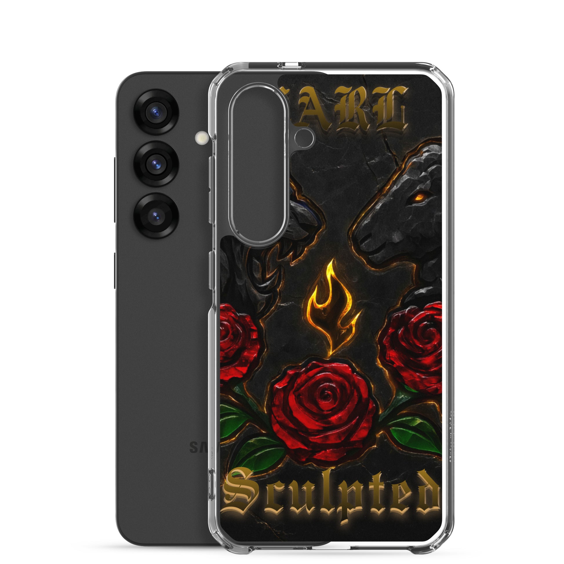 Phone case with roses and 'Sculpted' text on a black background