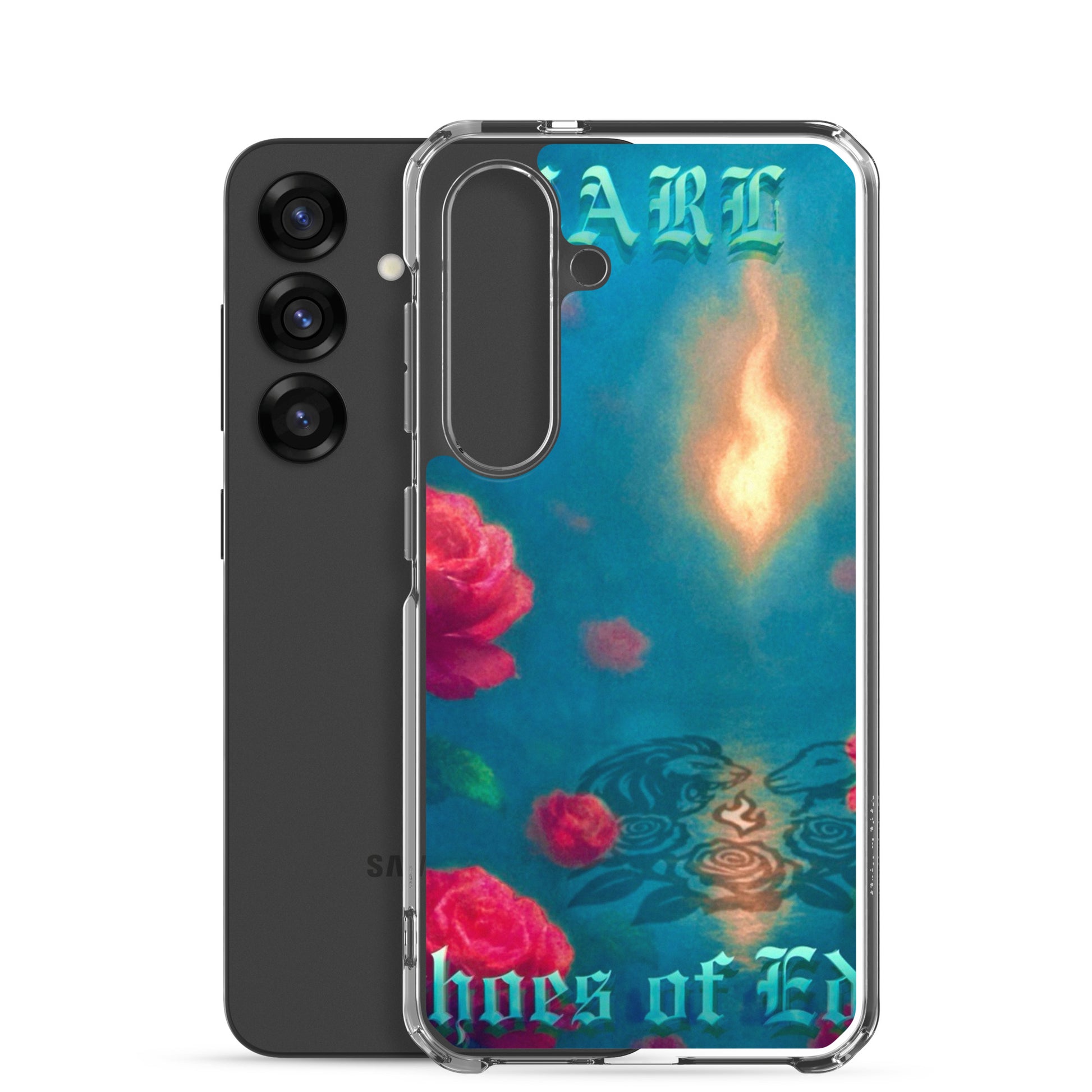 Phone case with floral design and text on a white background