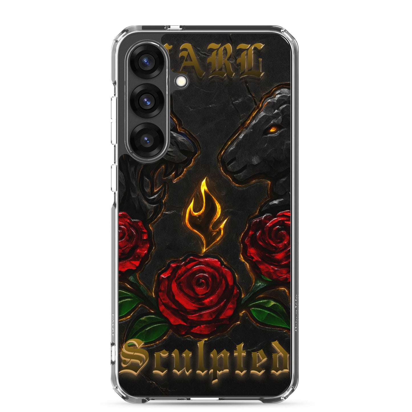 Phone case with lion and rose design on a black background