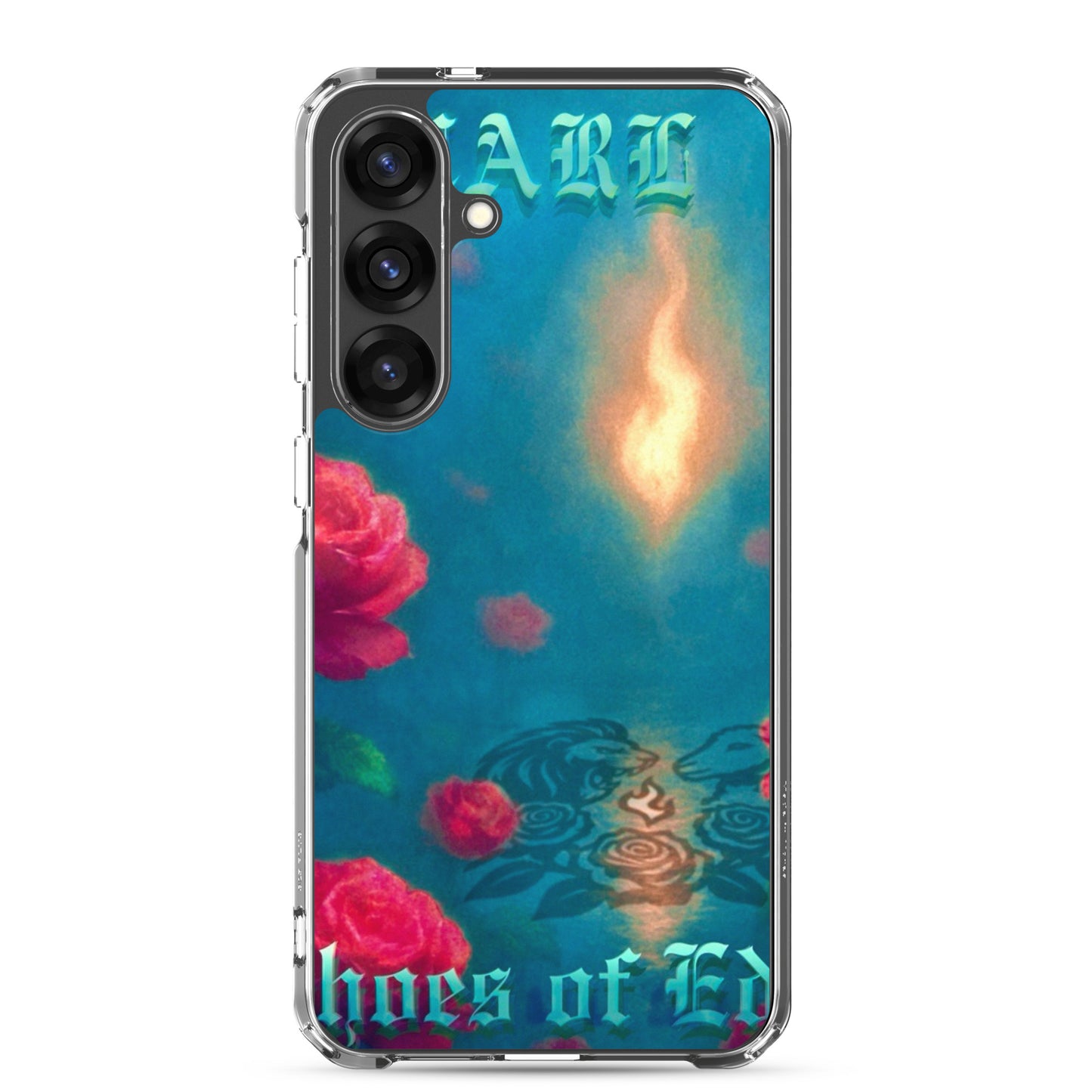 Phone case with floral design and text on a blue background