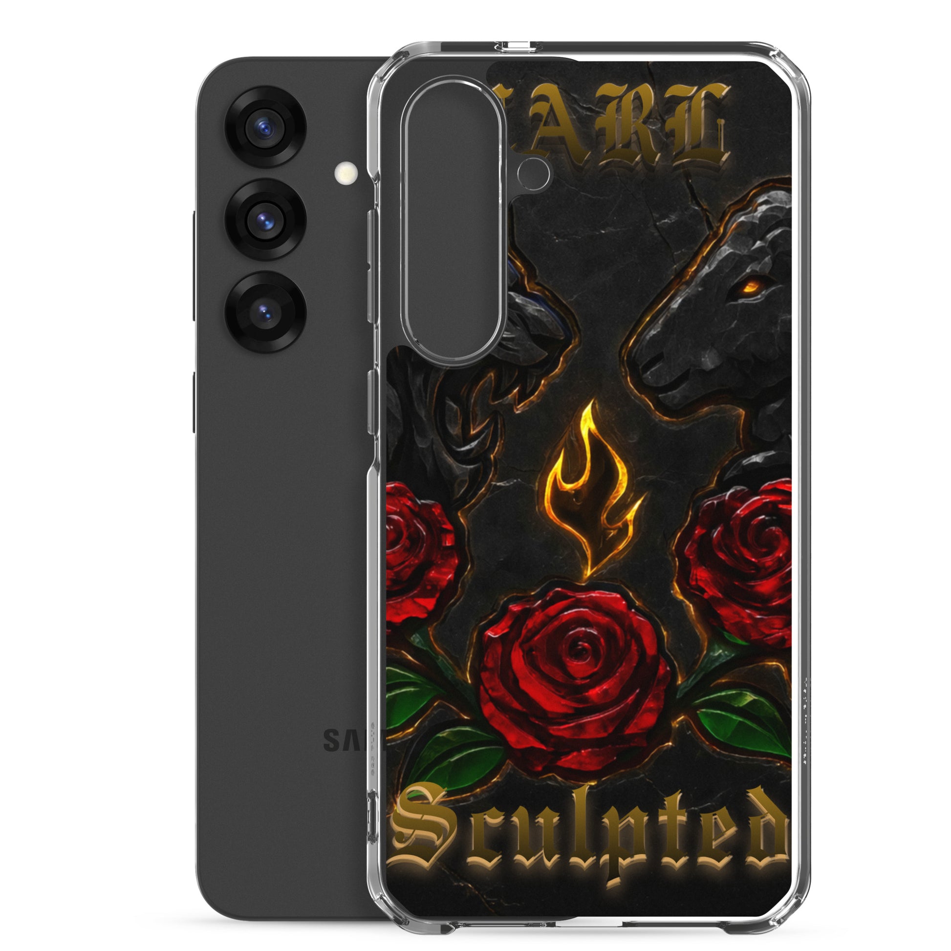 Phone case with black lion, red roses, and flame design on a white background