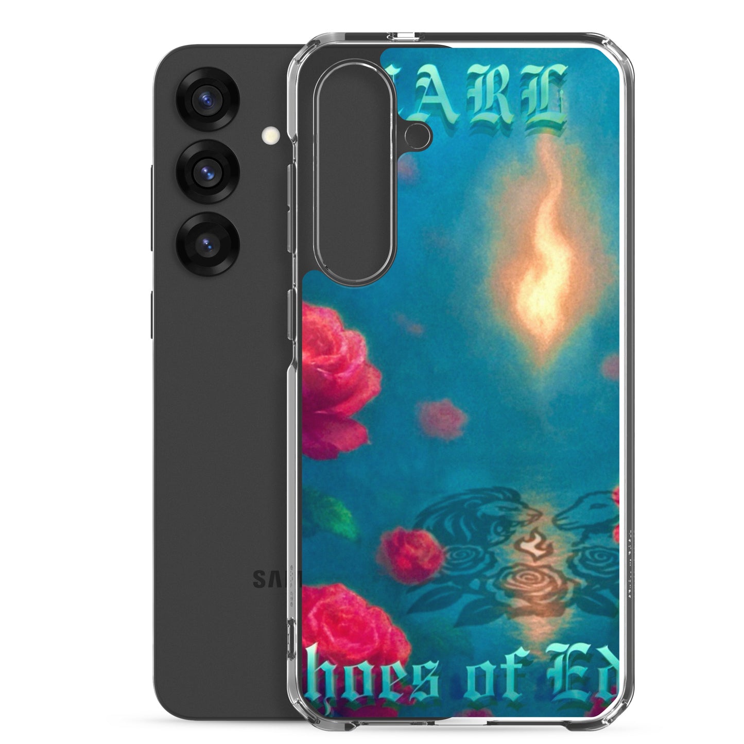 Phone case with floral design and text on a white background