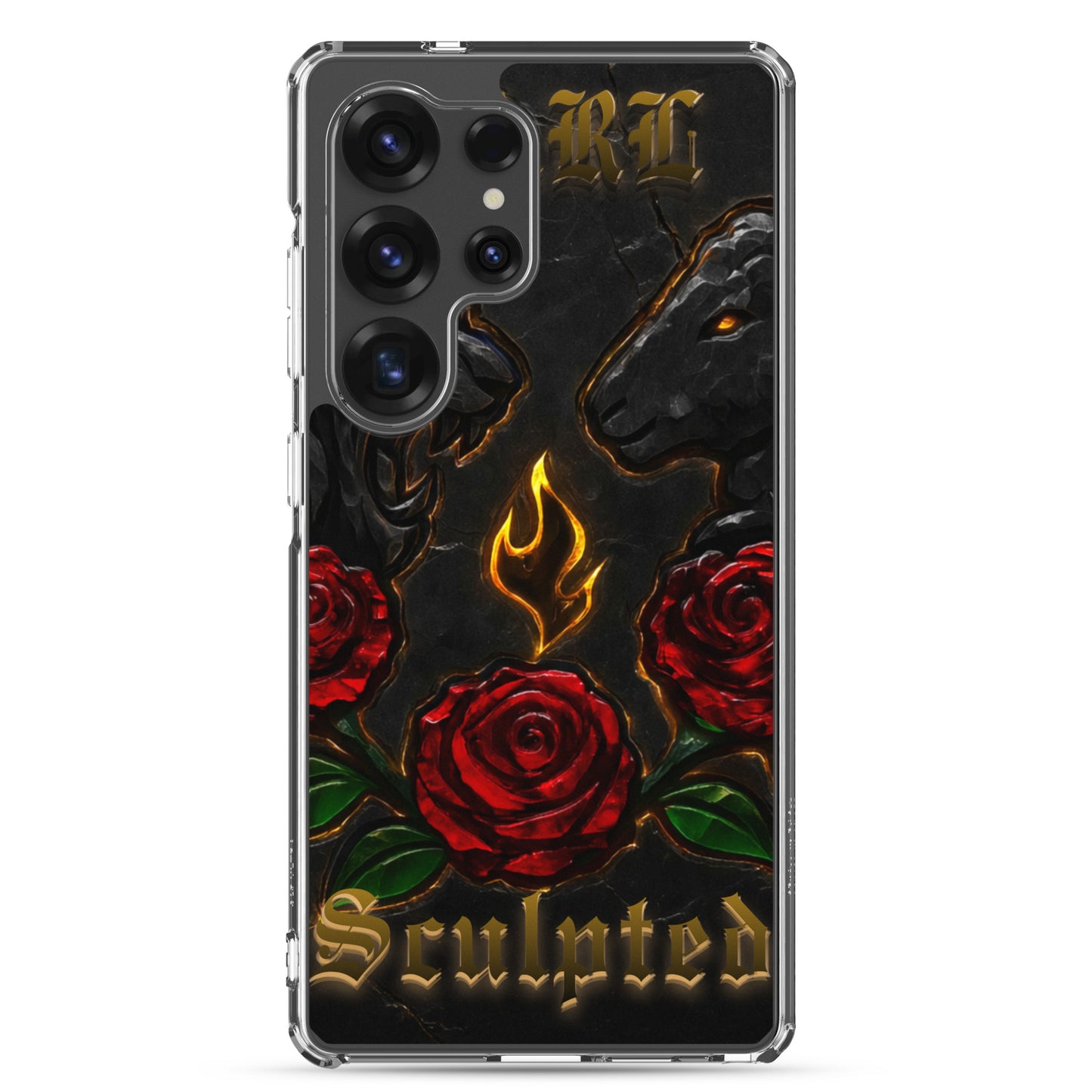 Phone case with red roses, flames, and 'Sculpted' text on a black background