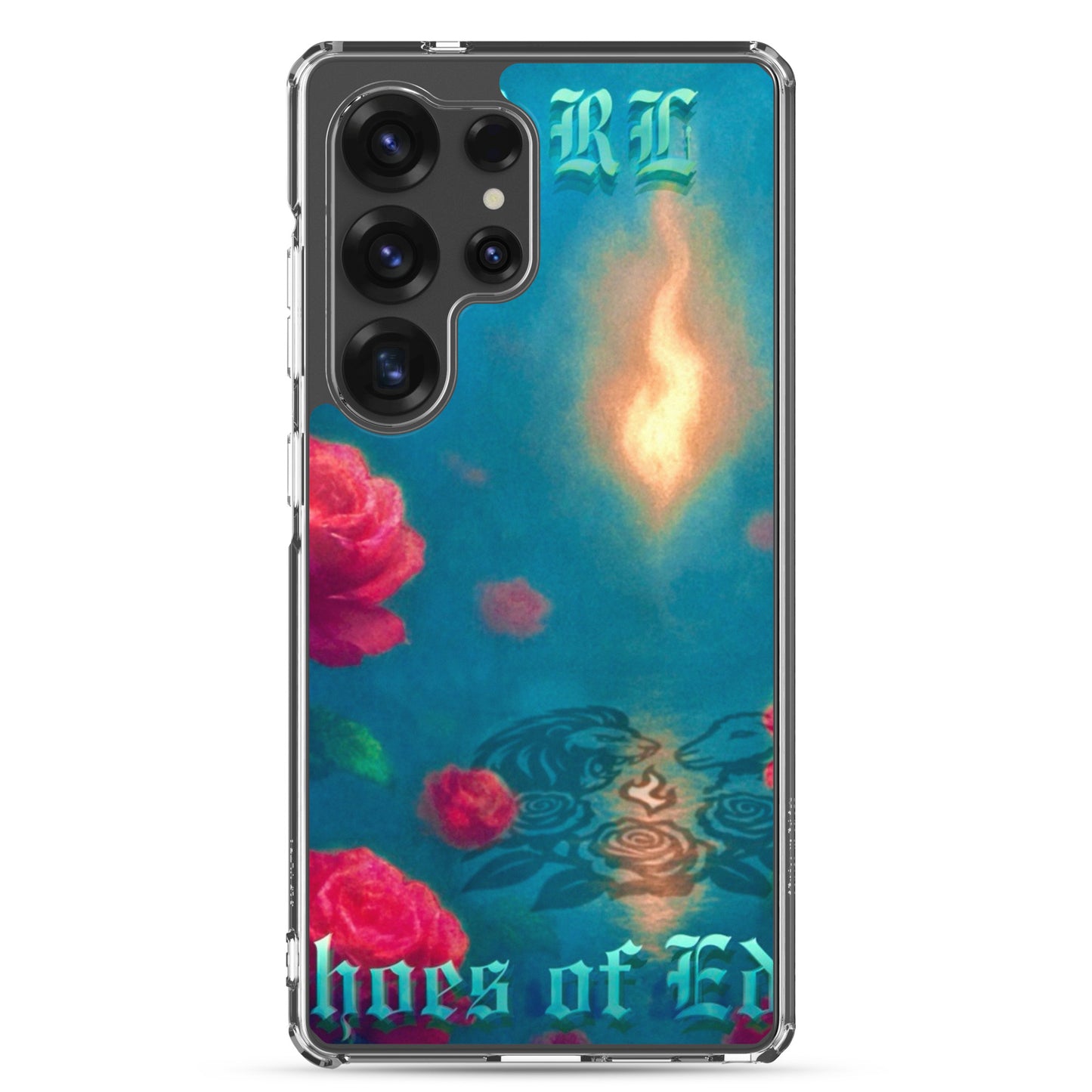 Phone case with floral design and 'Echoes of Eden' text on a blue background