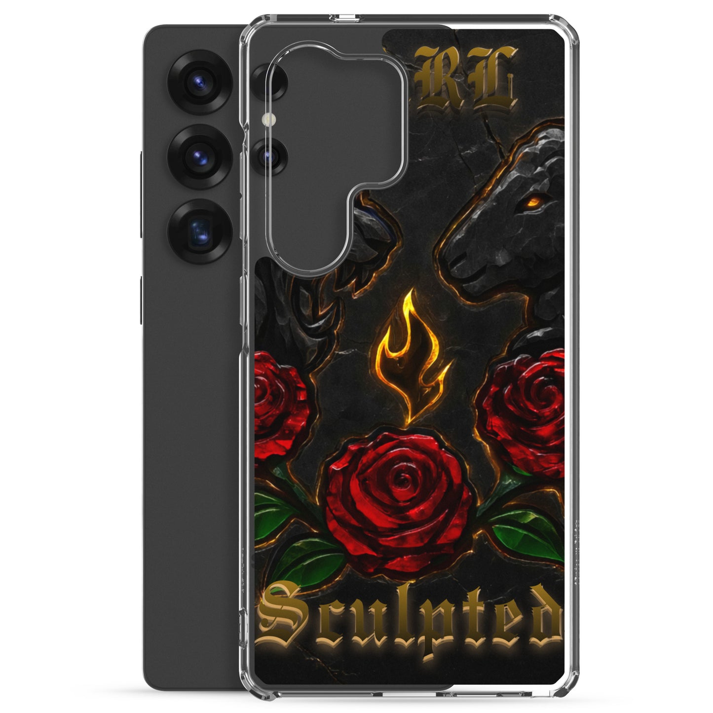 Phone case with red roses and flames design on a black background