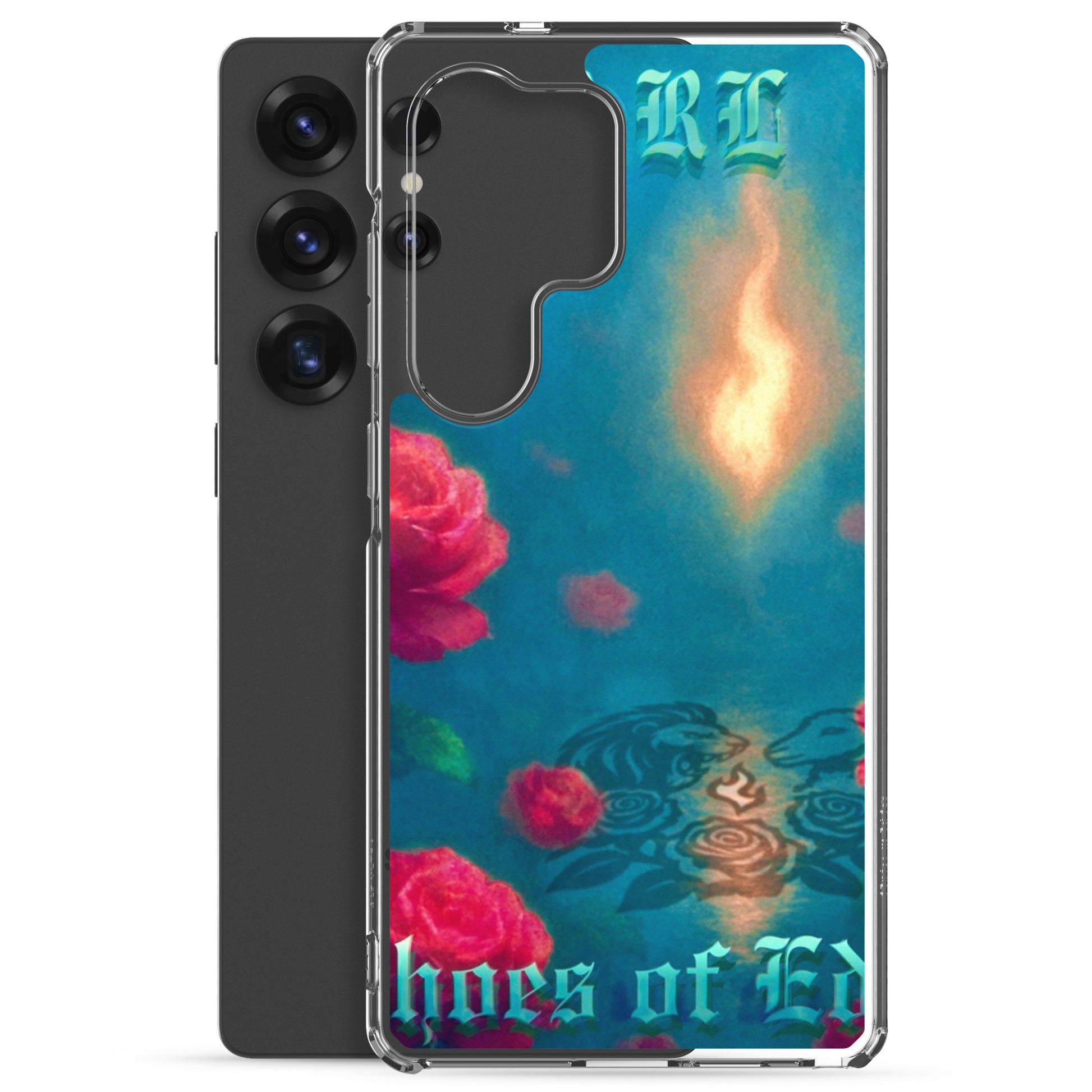 Phone case with floral design and 'CARL' initials on a white background