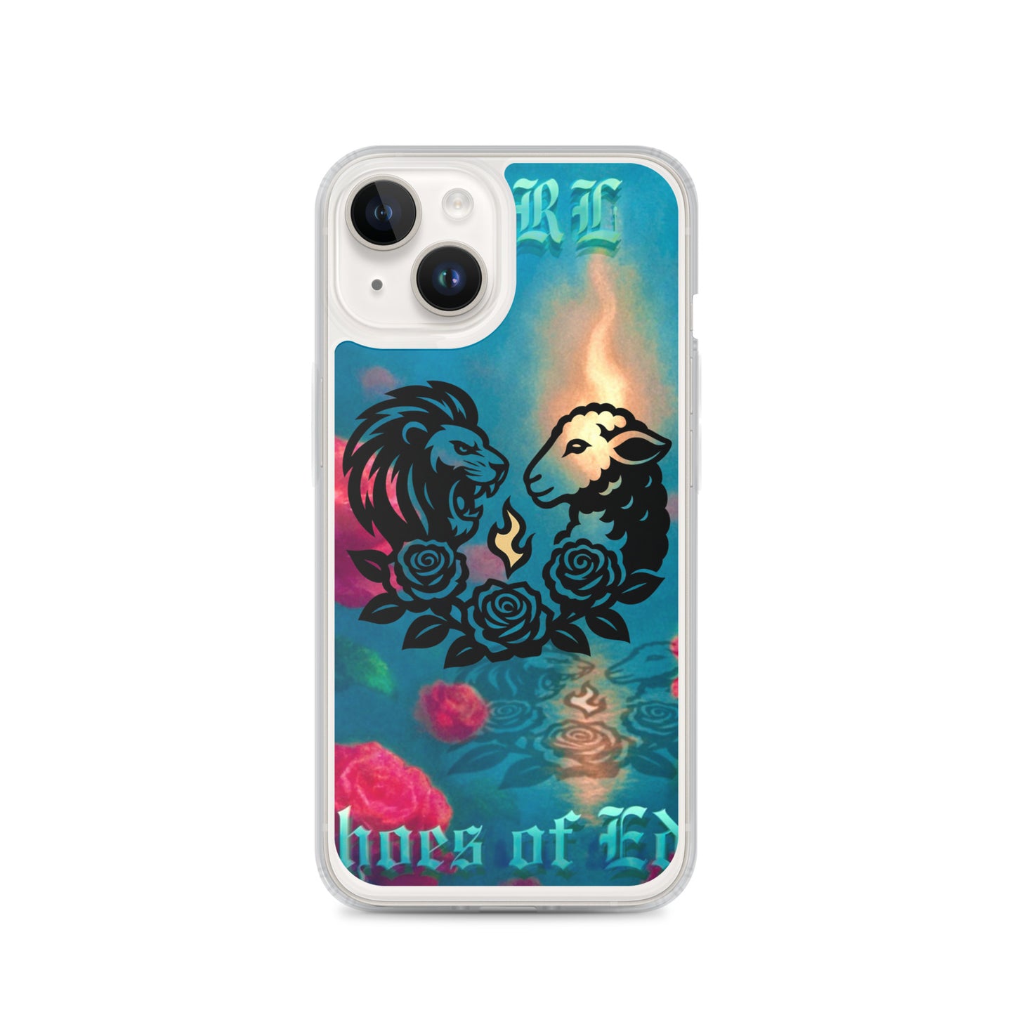 Phone case with lion and lamb design and colorful background on a white background