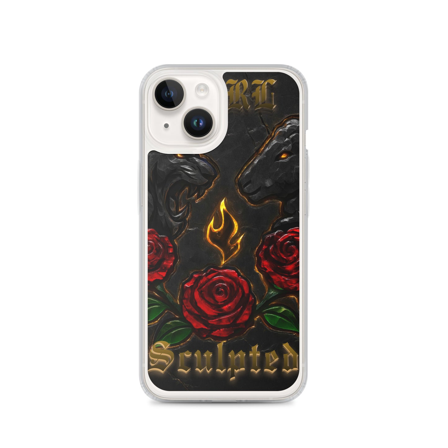 Phone case with roses, lion/lamb, and 'Sculpted' text on a black background