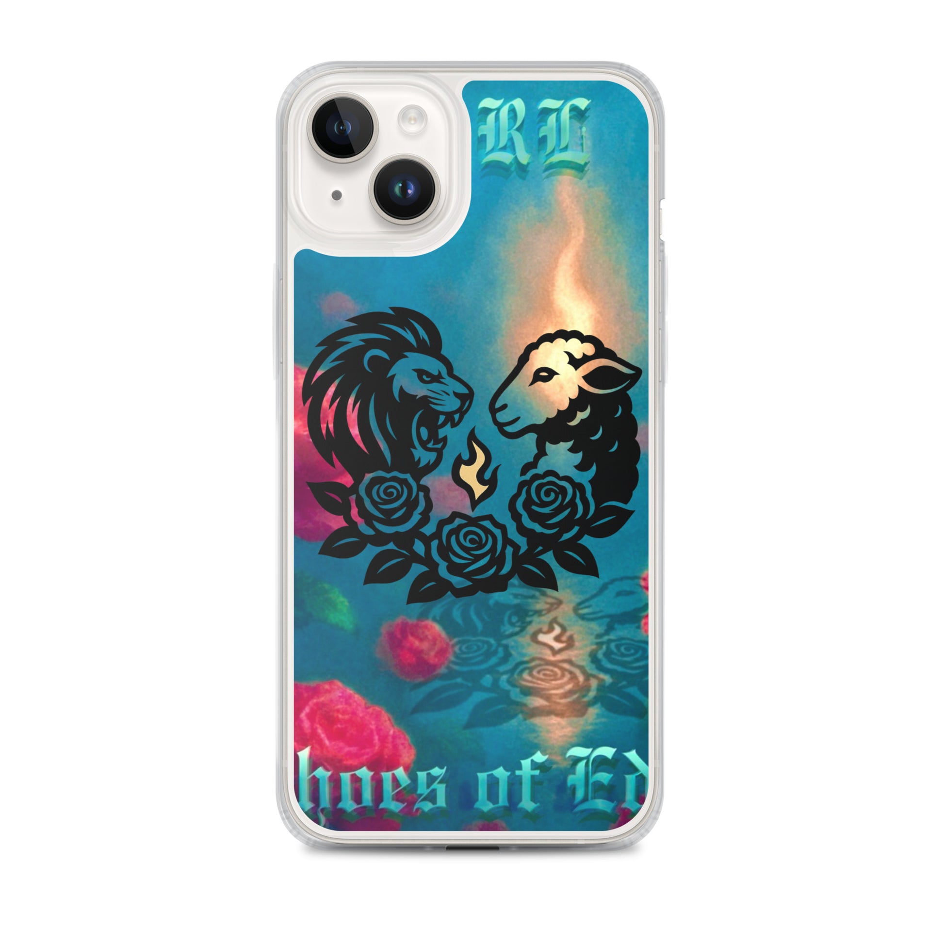 Phone case with lion and lamb design, roses, and colorful background on a white background