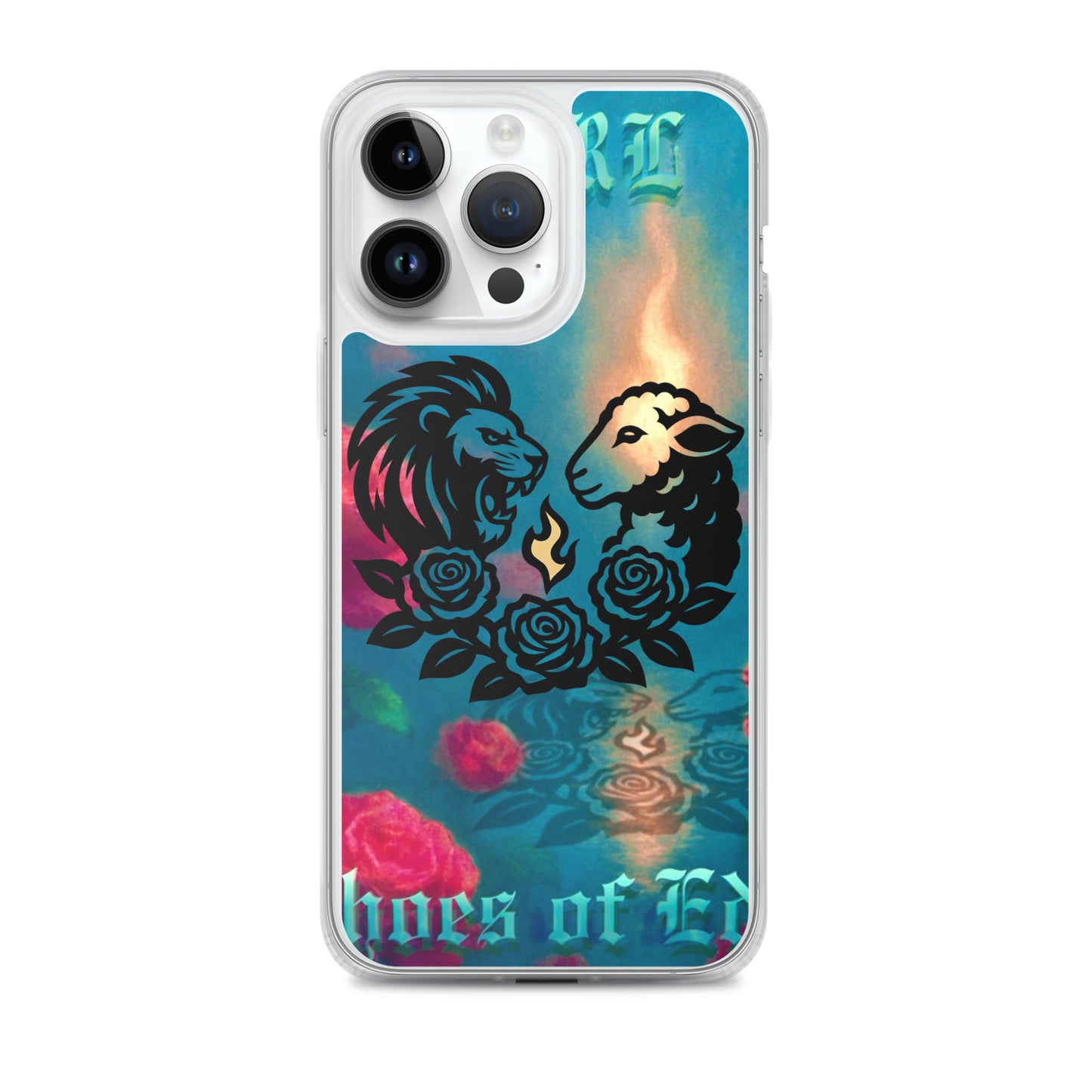 Phone case with lion and sheep design on a colorful background