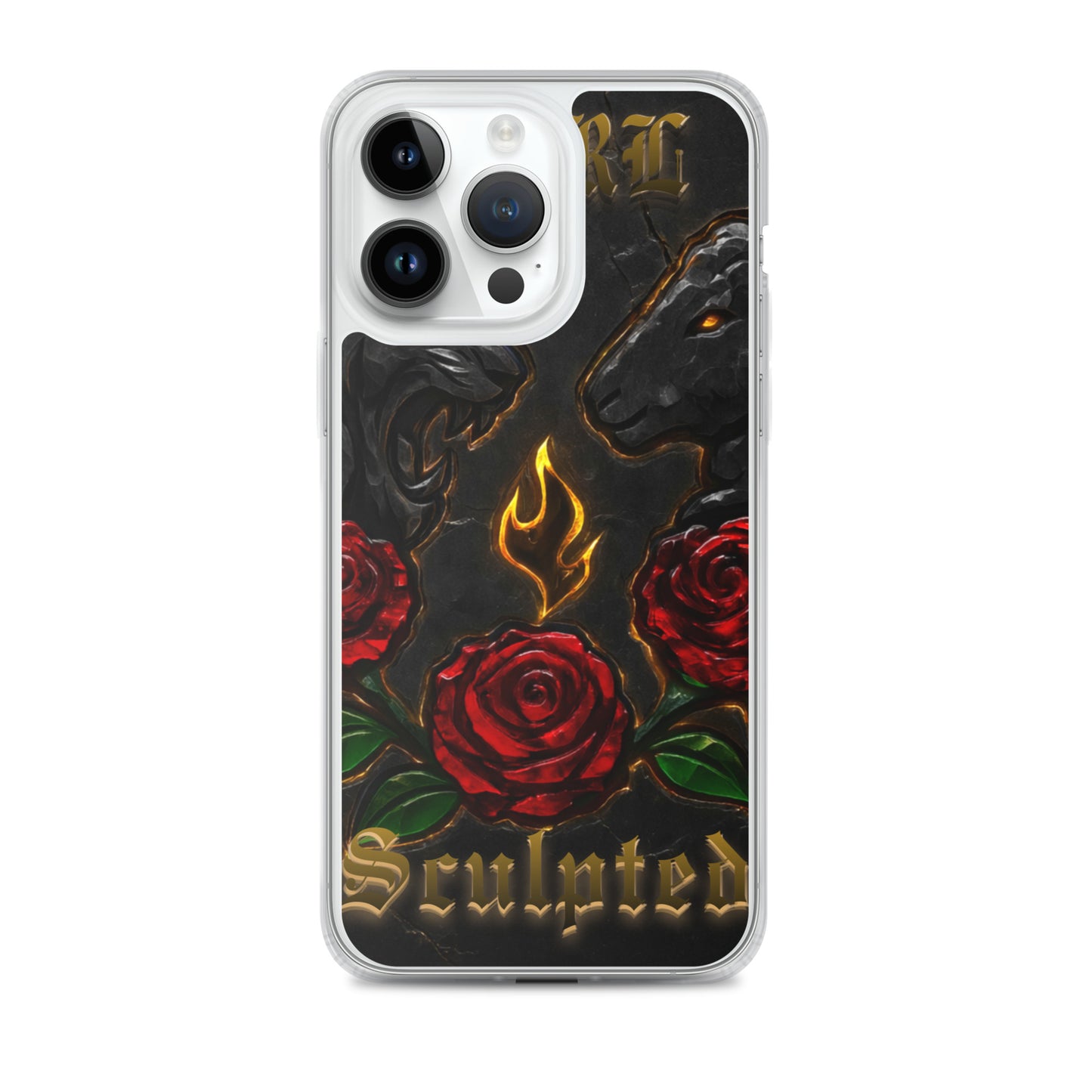 Phone case with roses, lion/lamb, and 'Sculpted' text on a black background