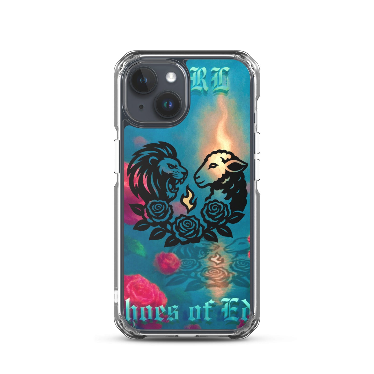 Phone case with lion and lamb design on a colorful background